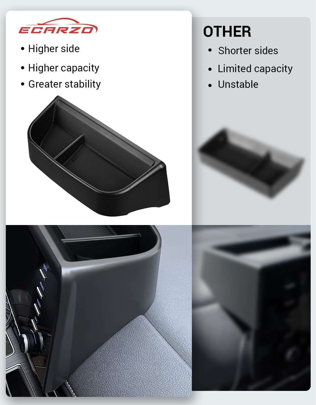 Ecarzo holding phone and sunglasses for quick reach and reduced clutter benefit