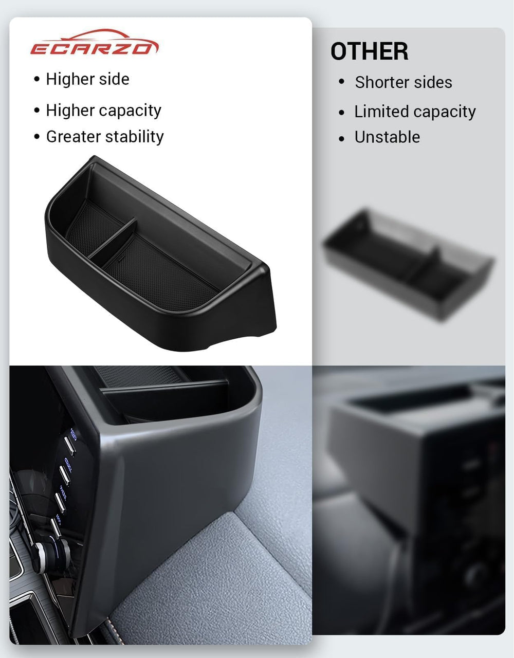 Ecarzo holding phone and sunglasses for quick reach and reduced clutter benefit