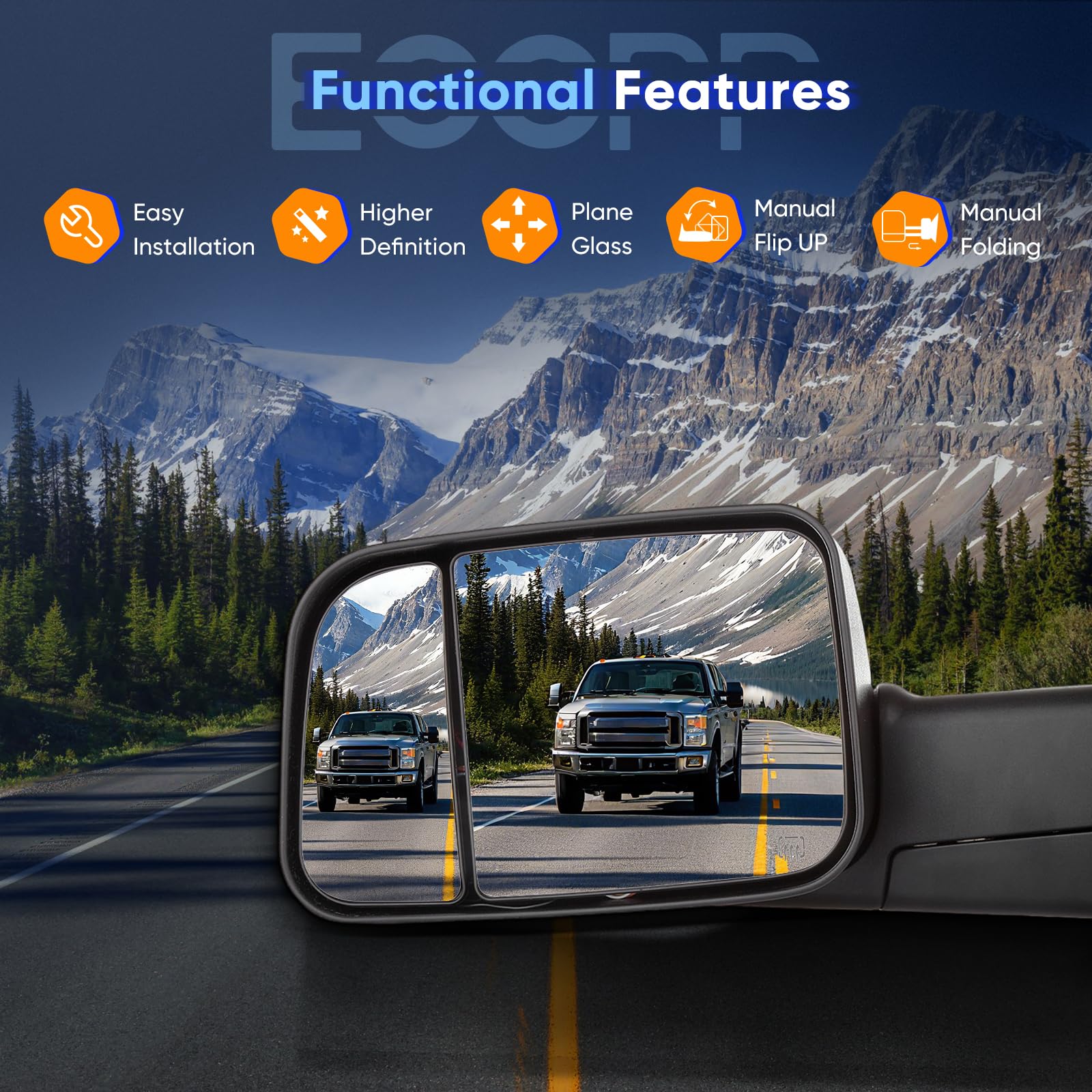 ECCPP mirror adjusted from cab showing easy power-adjust convenience