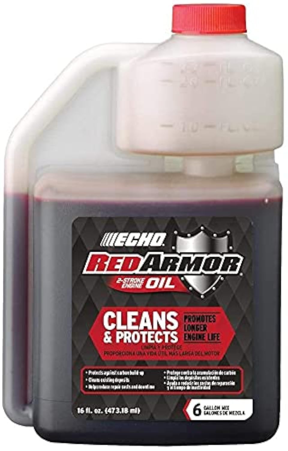 ECHO Red Armor front label showing bottle and performance benefits for cleaner engines