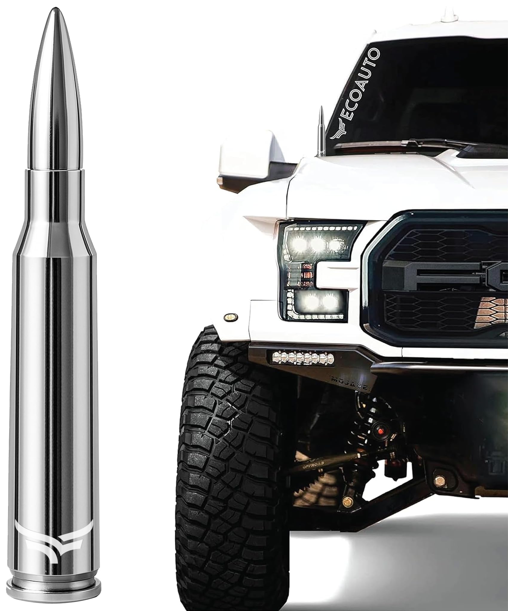 EcoAuto chrome bullet antenna front view shows sleek look and added truck style