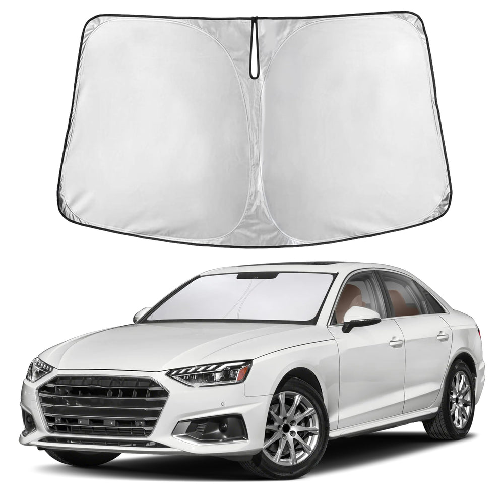 EcoNour front view sunshade fitted on Audi A4 showing full windshield coverage and protection