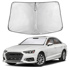 EcoNour front view sunshade fitted on Audi A4 showing full windshield coverage and protection