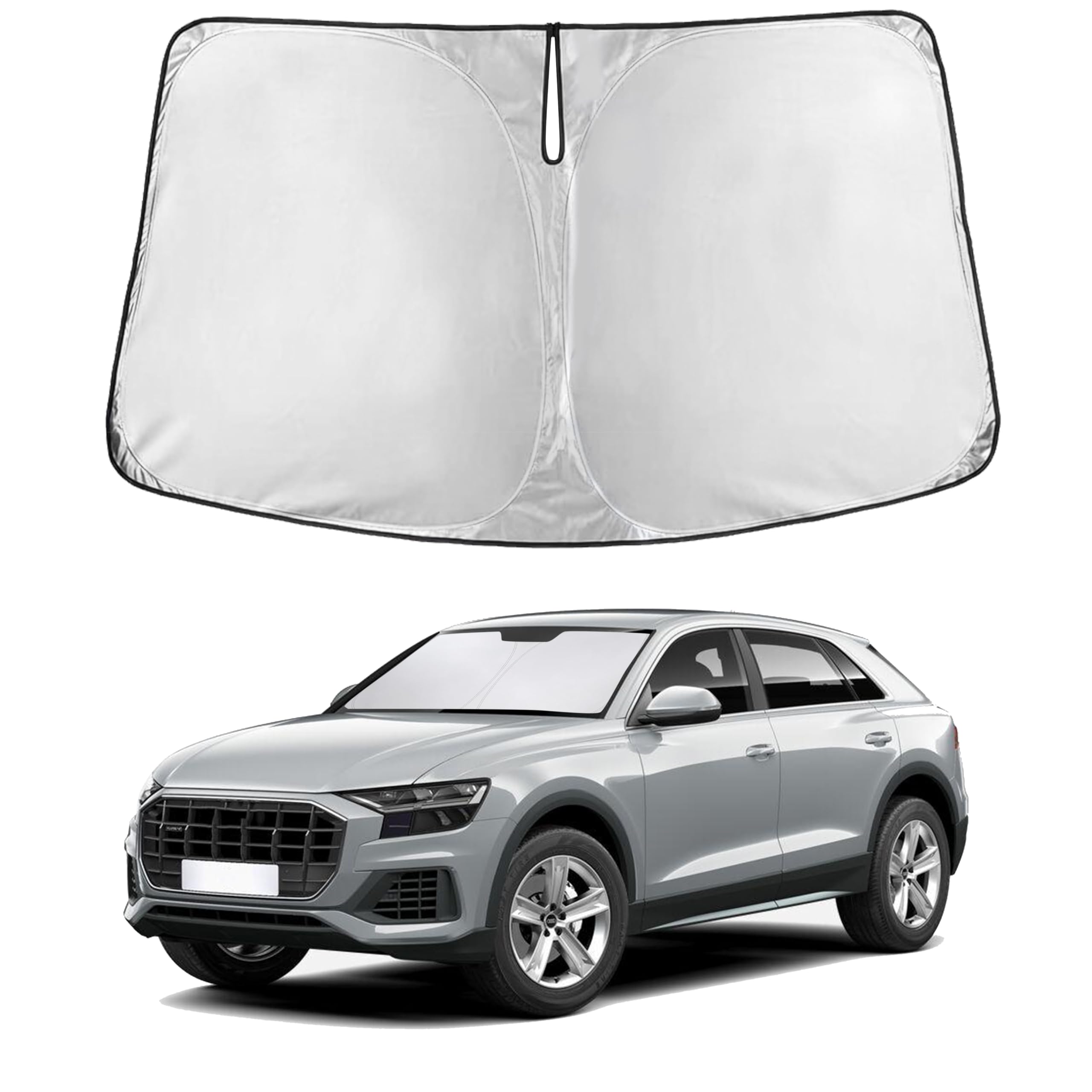 EcoNour sunshade front view on Audi Q8 showing full windshield coverage and protection