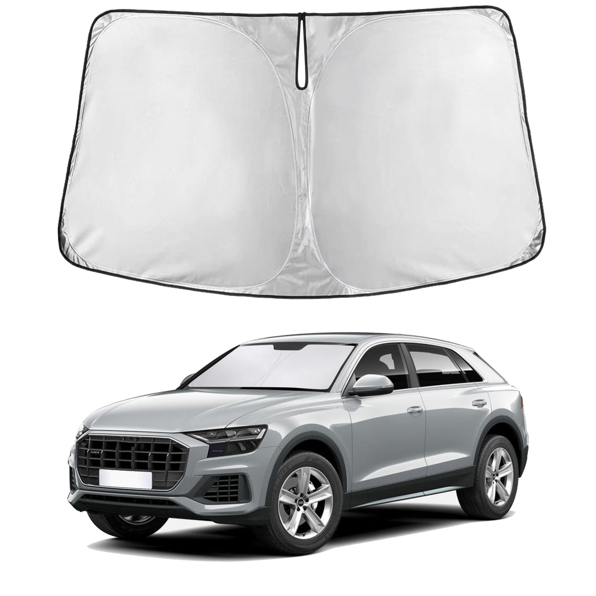 EcoNour sunshade front view on Audi Q8 showing full windshield coverage and protection