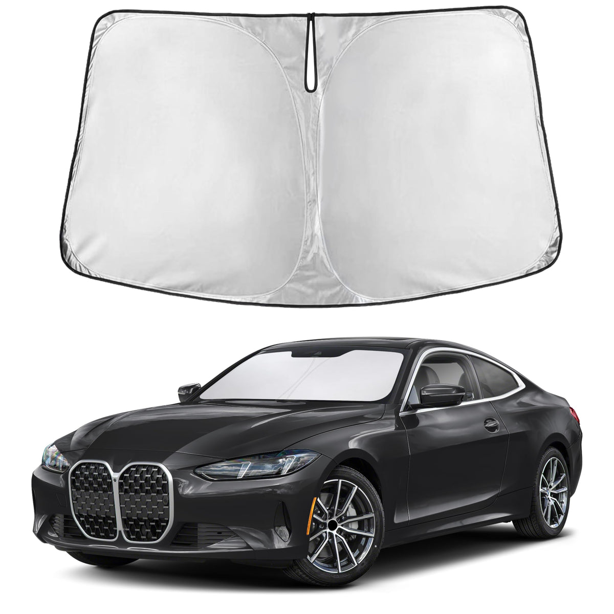 EcoNour front view showing exact BMW 4 Series windshield fit and full coverage benefit