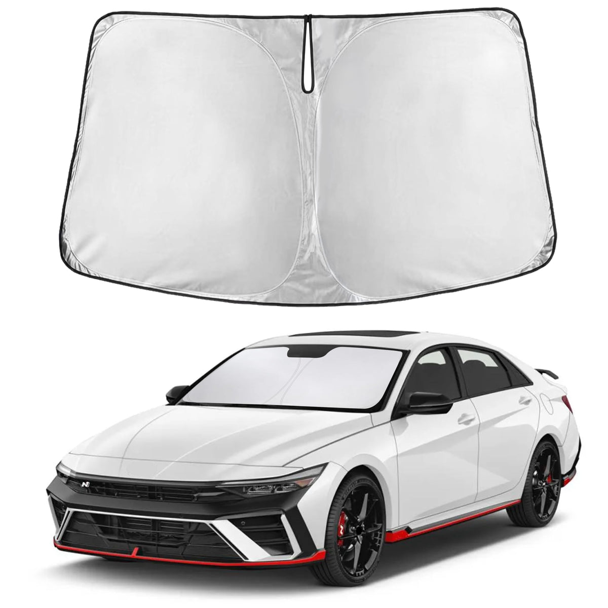 EcoNour sunshade front view fitted on Hyundai Elantra showing full windshield coverage