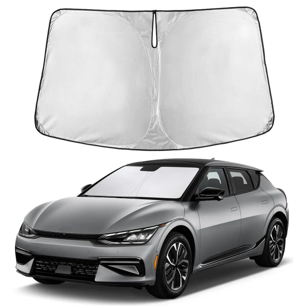 EcoNour front view of sunshade packaging showing full-fit for Kia EV6 and easy identification