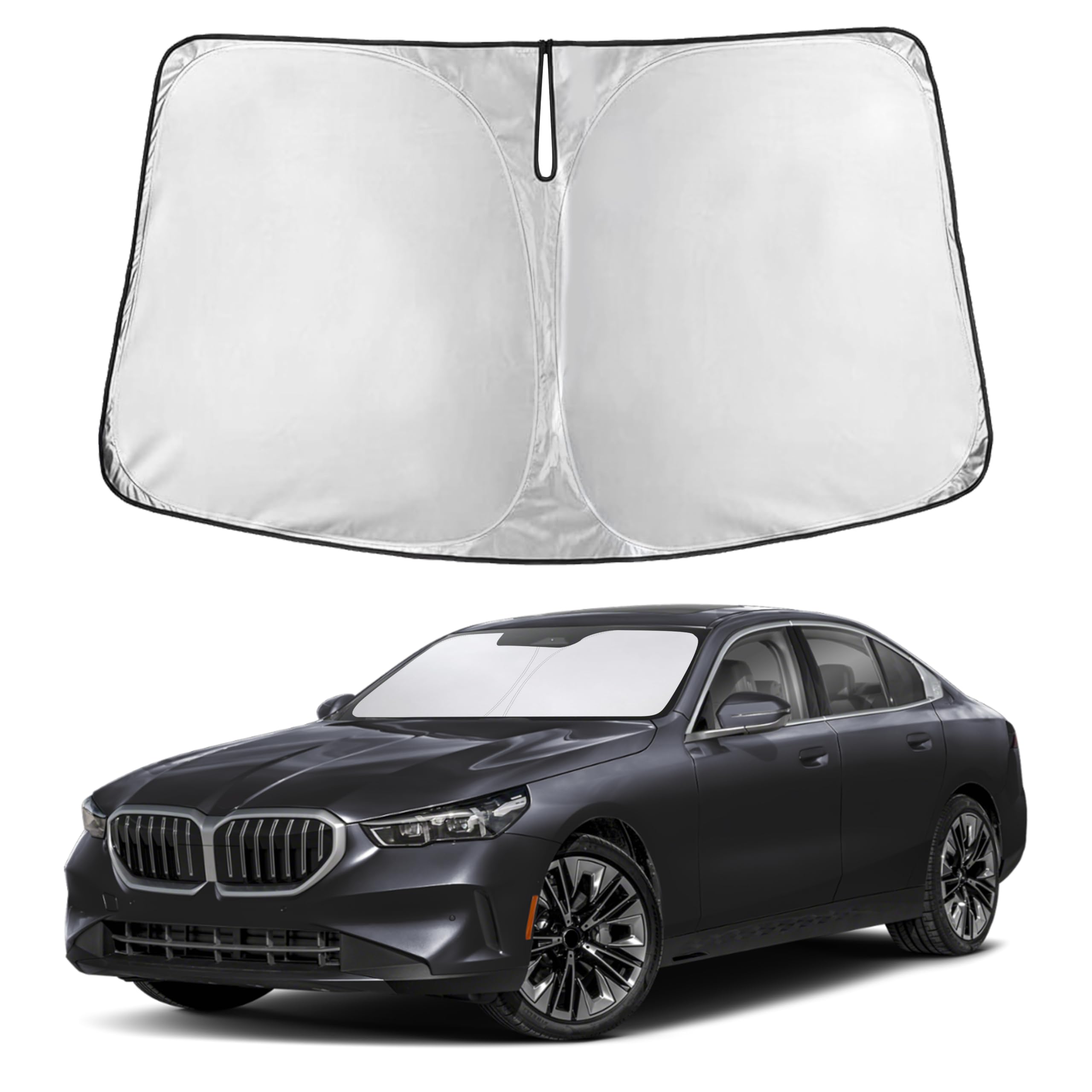 EcoNour front-facing sunshade showing precise BMW 5 Series fit and full coverage benefit
