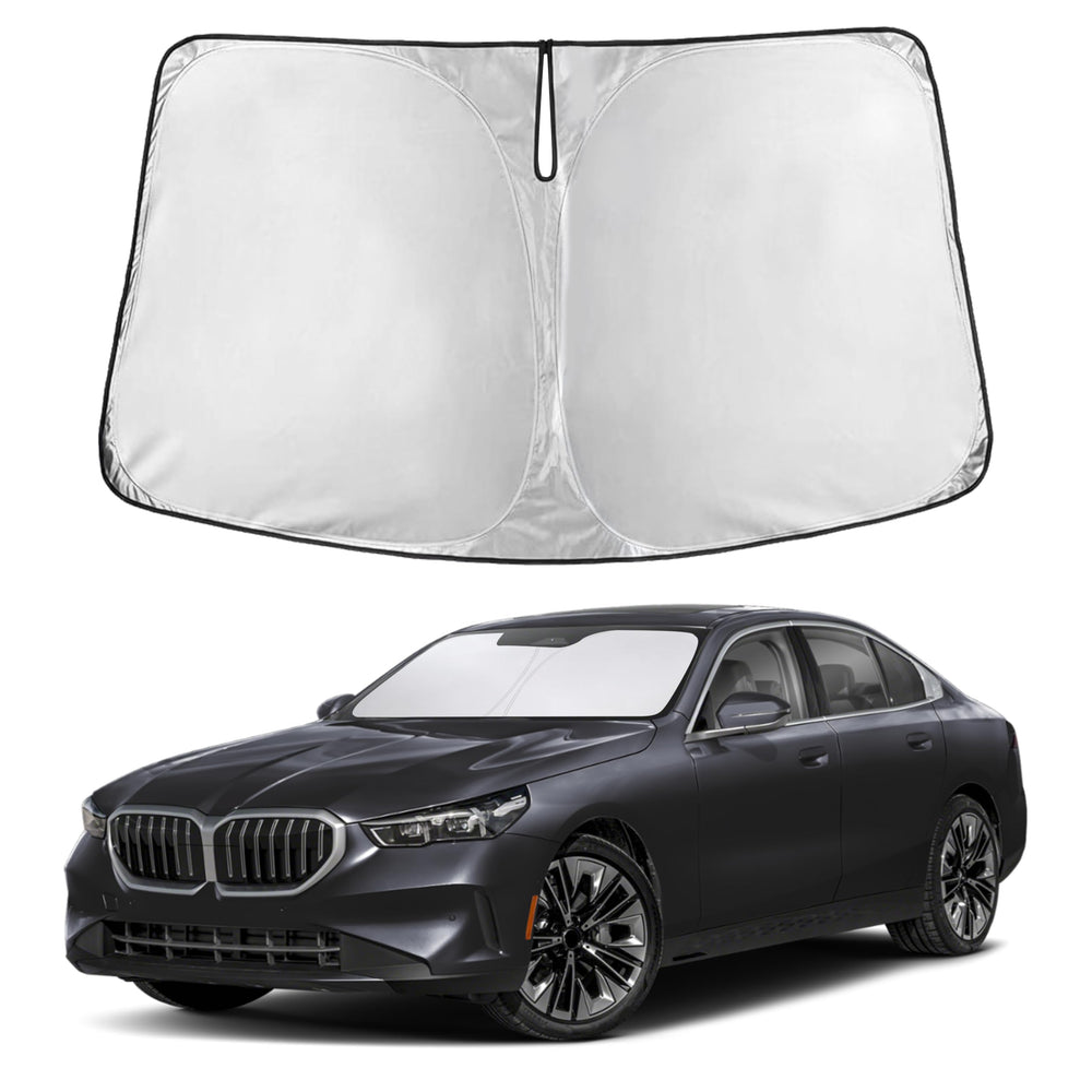 EcoNour front-facing sunshade showing precise BMW 5 Series fit and full coverage benefit