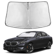 EcoNour front-facing sunshade showing precise BMW 5 Series fit and full coverage benefit