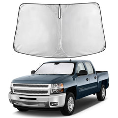 EcoNour front-facing sunshade covering Silverado windshield for full sun protection