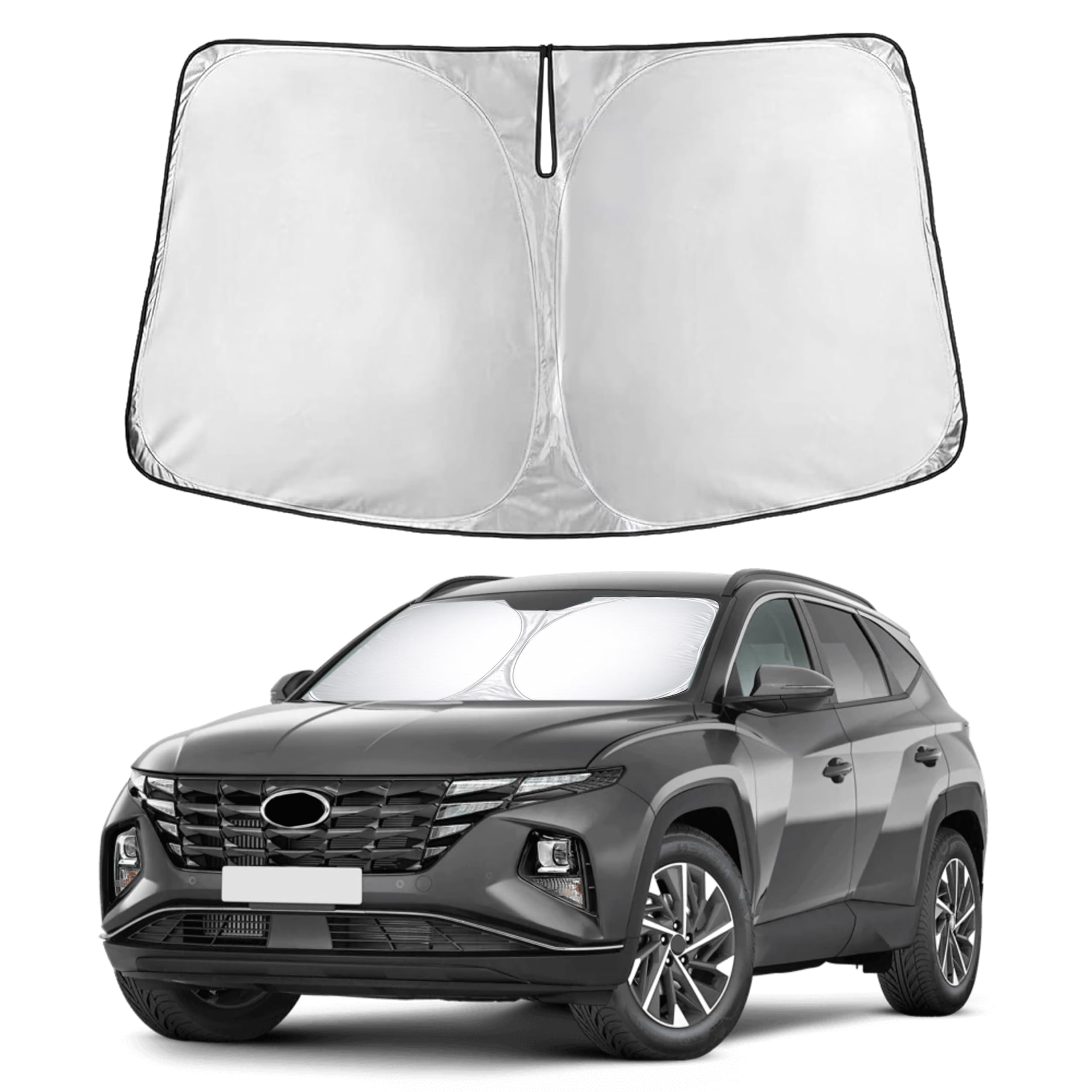 EcoNour windshield sunshade front fit on Hyundai Tucson showing full coverage and protection