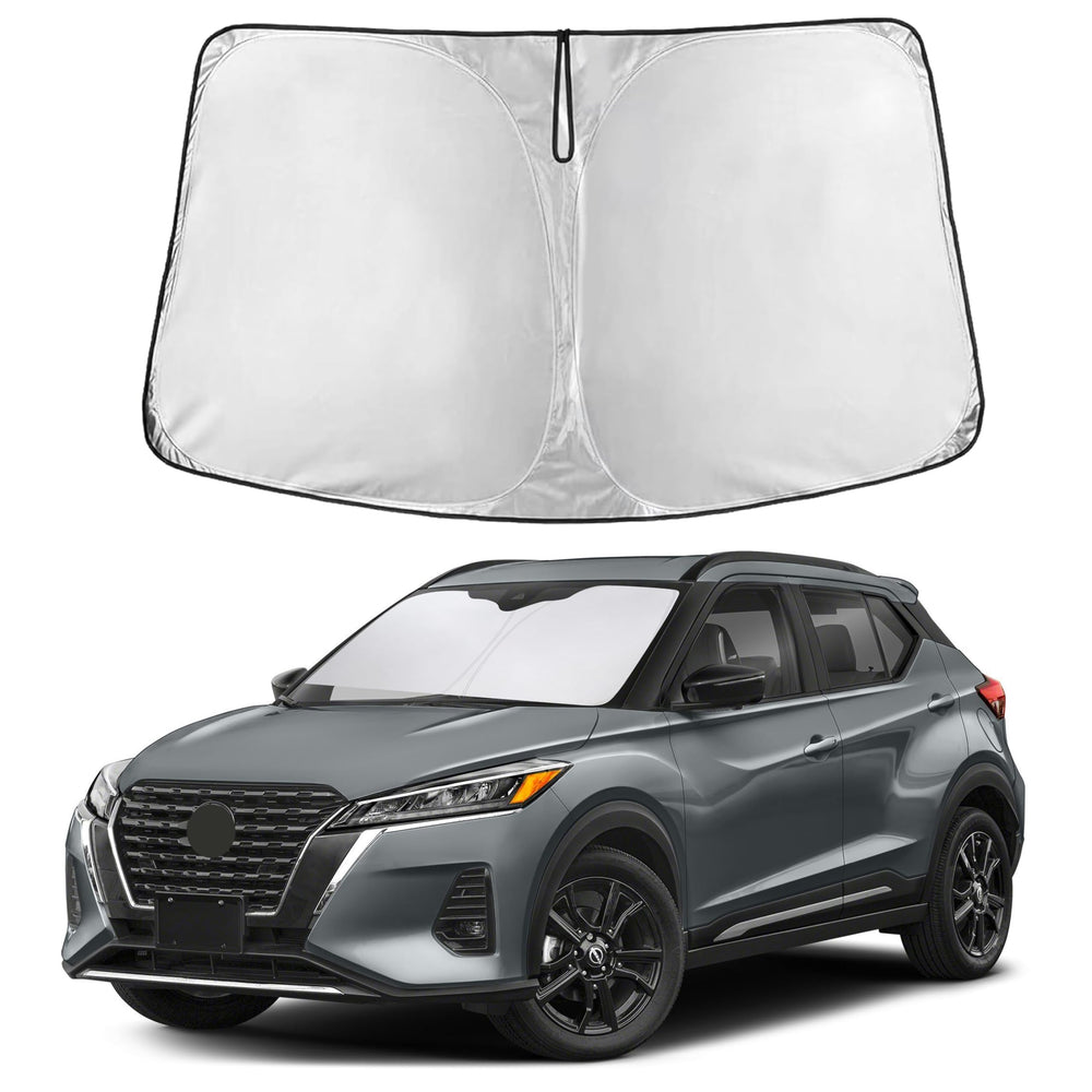 EcoNour sunshade front fit on Nissan Kicks showing full windshield coverage and cooler cabin benefit