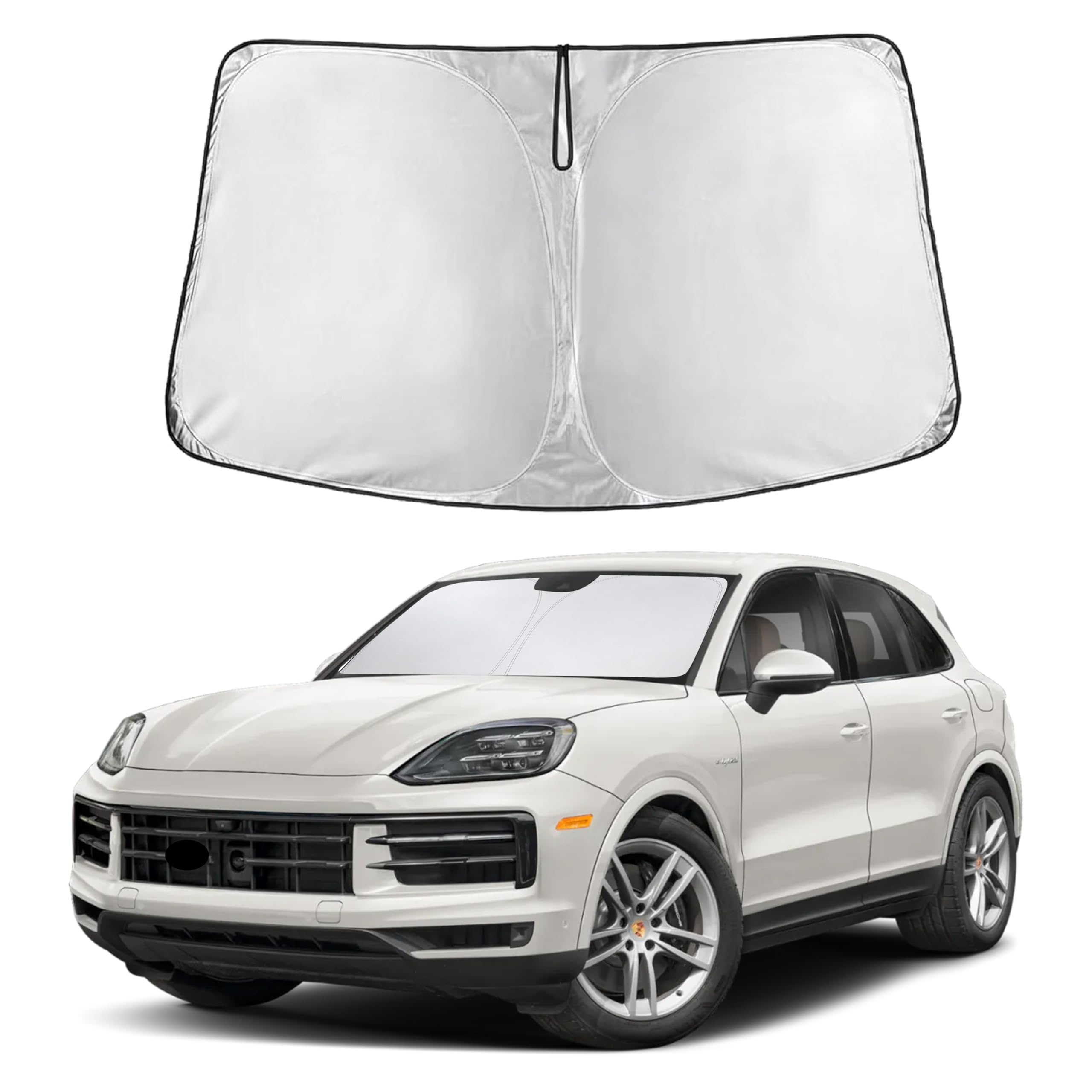 EcoNour front view showing full windshield coverage and perfect Porsche Cayenne fit