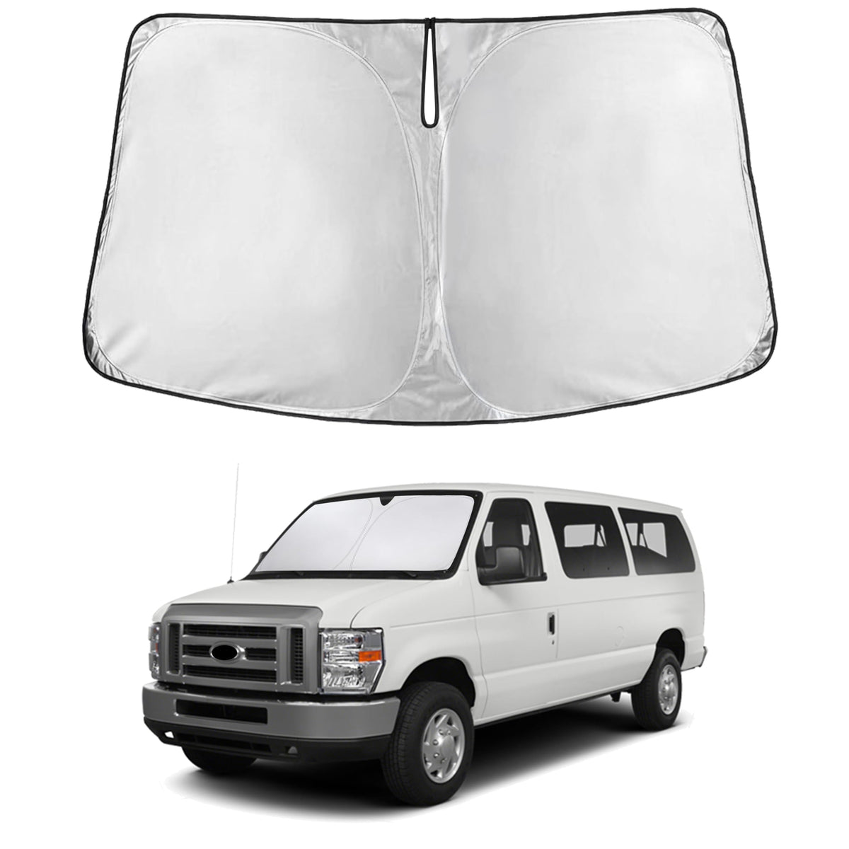 EcoNour front installed on Econoline windshield showing full coverage and neat fit