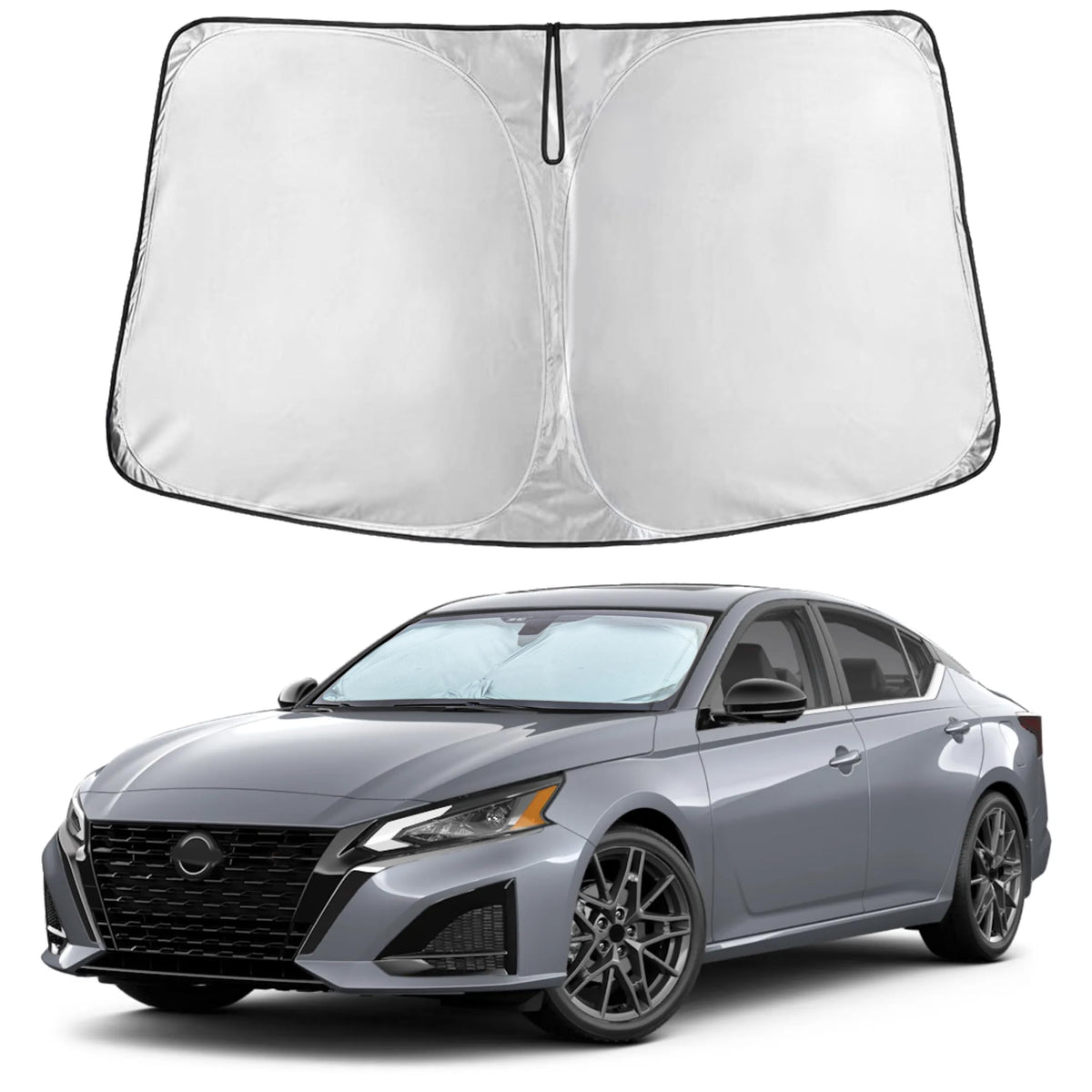 EcoNour front view installed on Altima windshield showing full coverage benefit