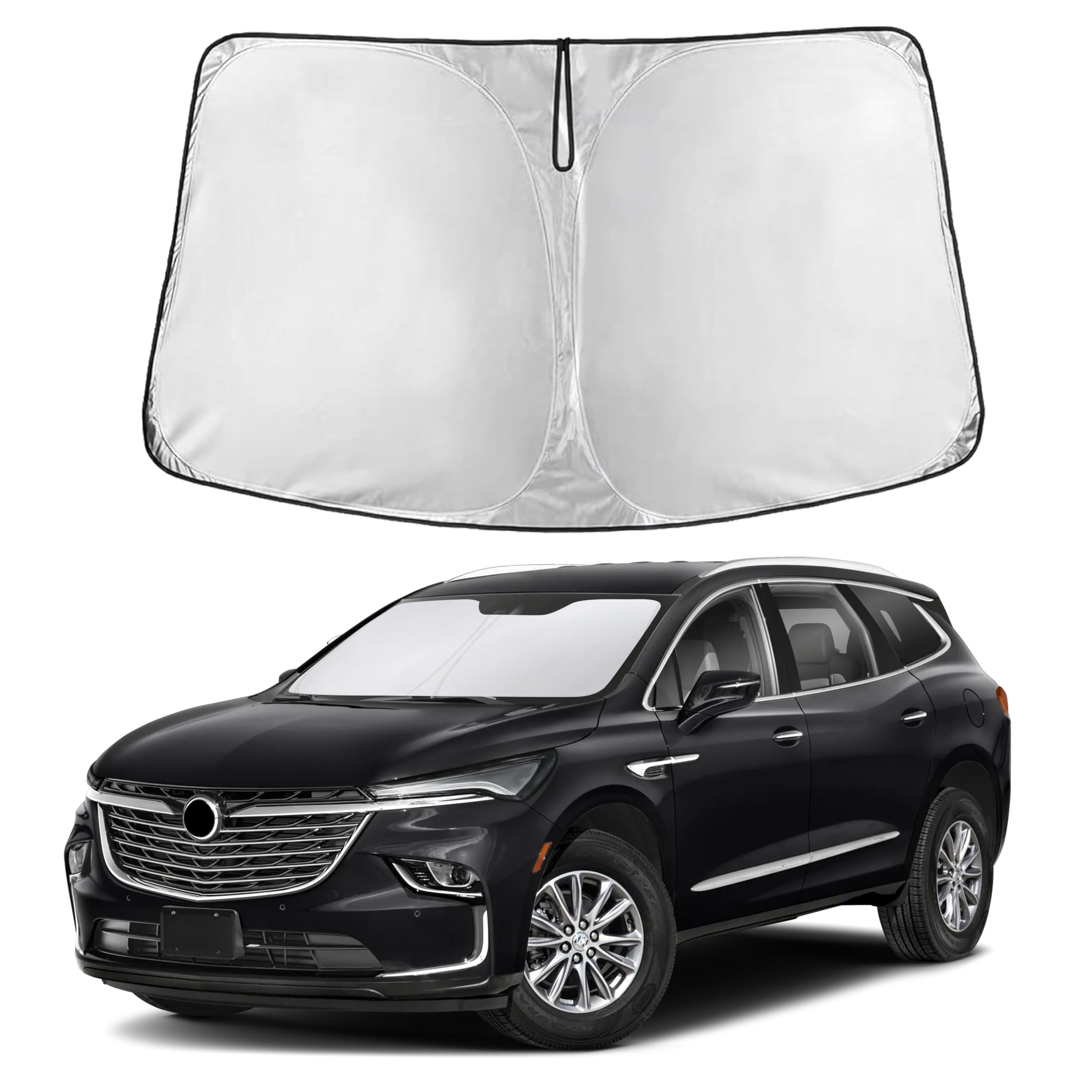 EcoNour front view of sunshade showing full Buick Enclave windshield fit and instant cooling benefit