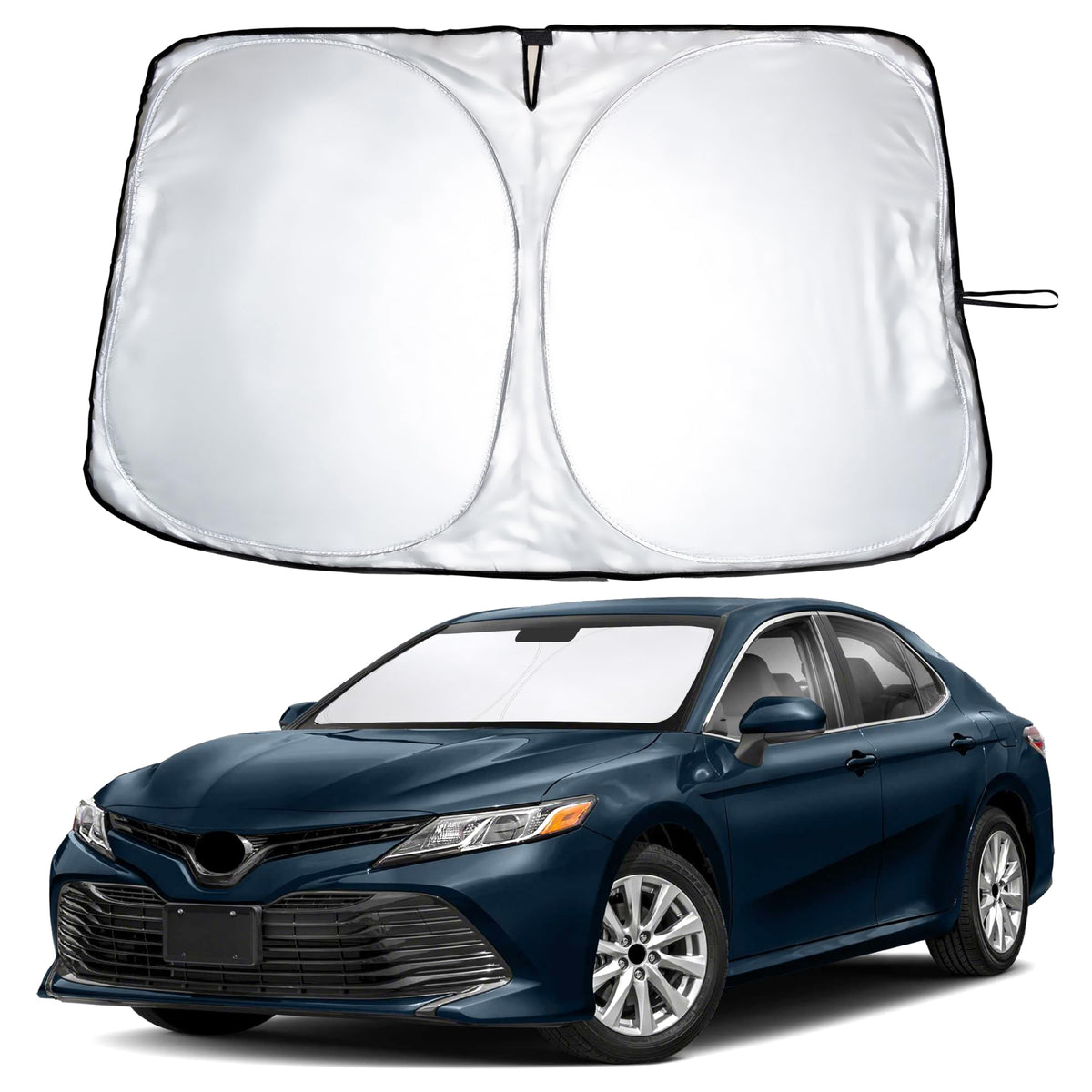 EcoNour front view of sunshade showing full windshield coverage and easy protection