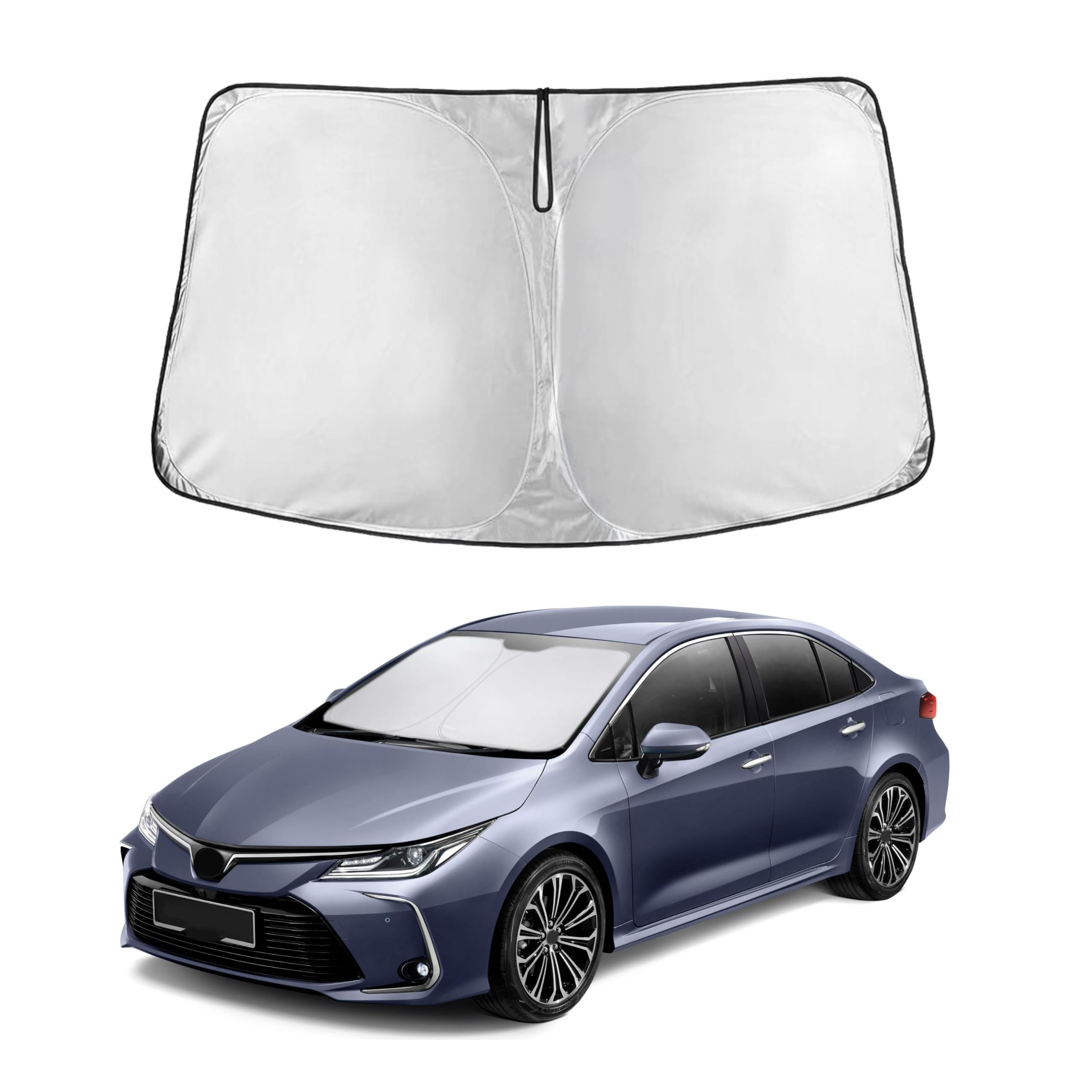 EcoNour front view of sunshade showing full Corolla fit and instant heat reduction