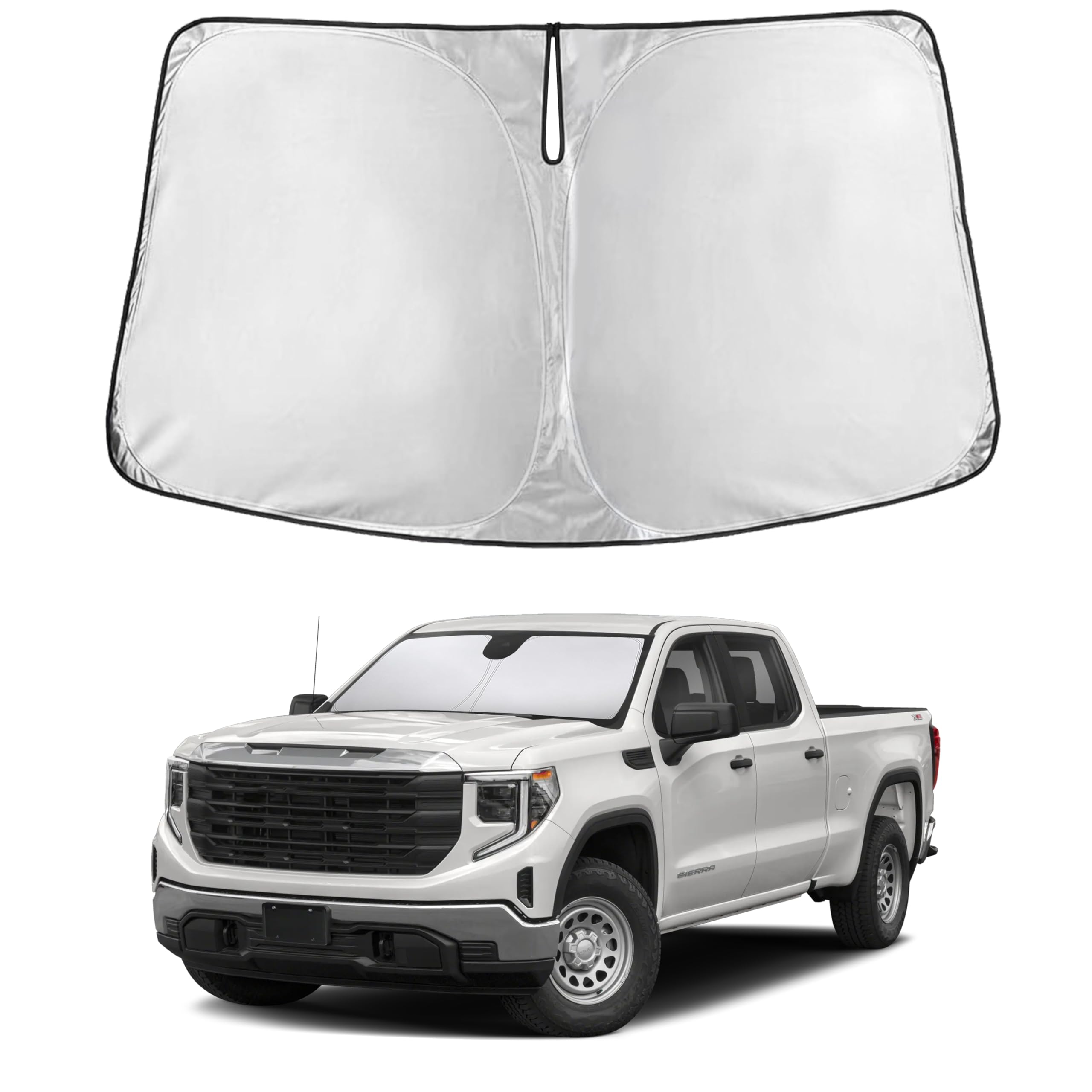 EcoNour front view showing exact fit on Silverado windshield preventing sun glare