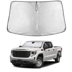 EcoNour front view showing exact fit on Silverado windshield preventing sun glare