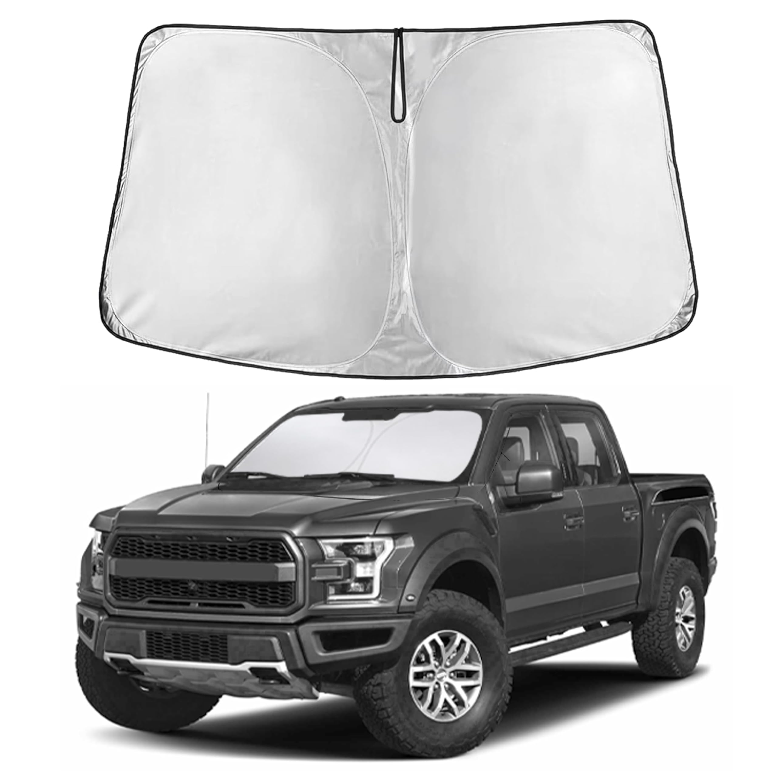 EcoNour front view of sunshade for Ford F150 showing full windshield coverage and protection
