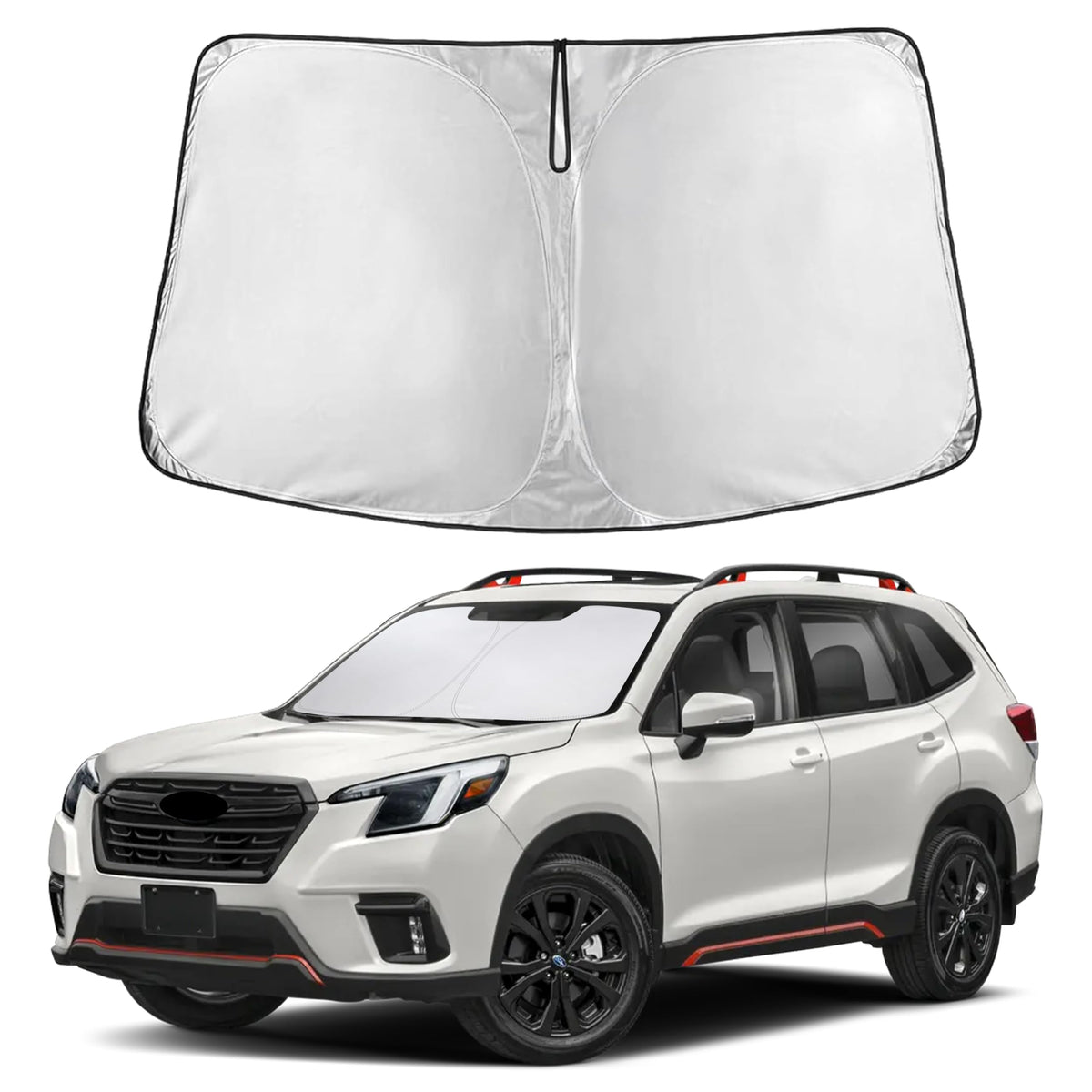 EcoNour front view of sunshade sized for Subaru Forester, provides full windshield coverage
