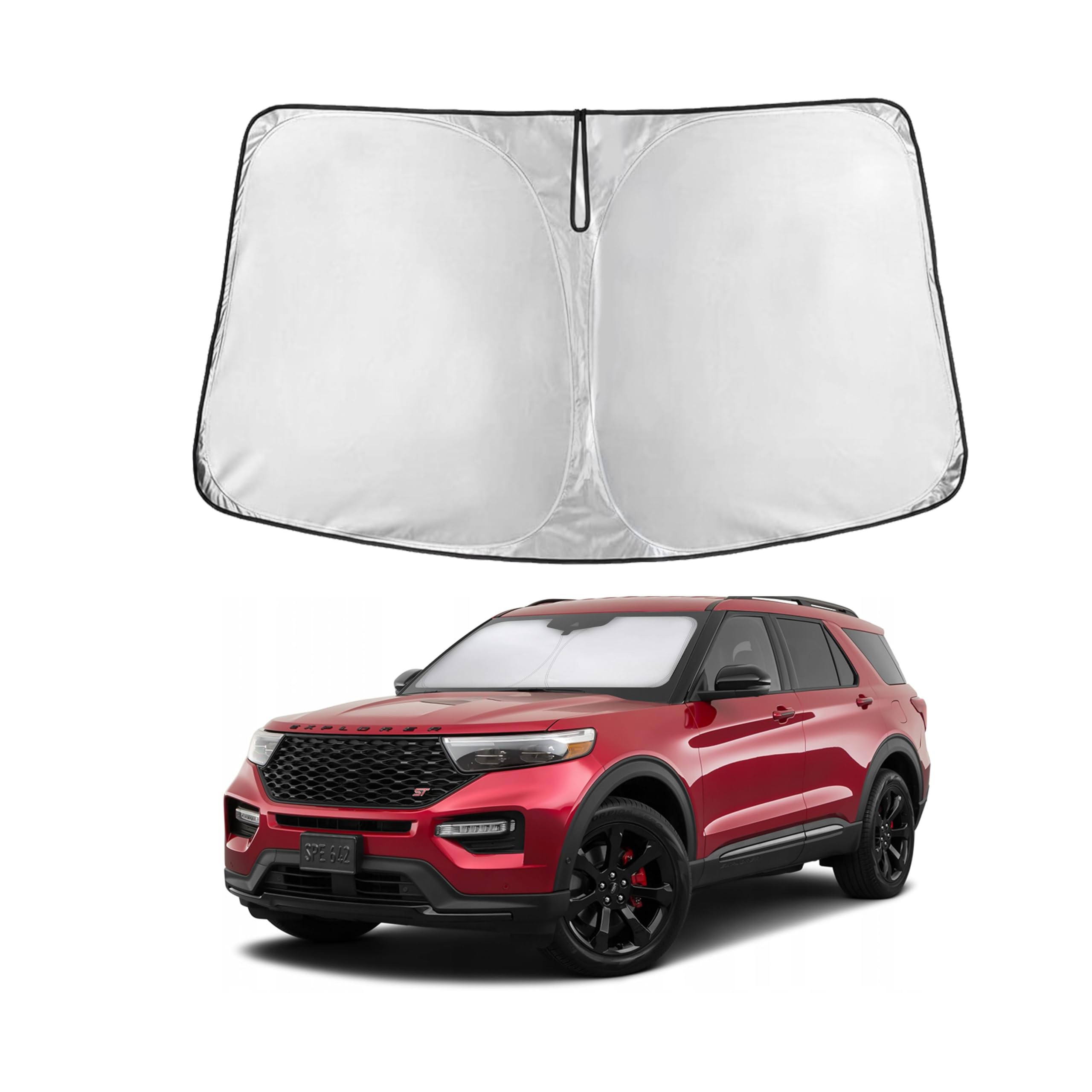 EcoNour front view of sunshade on Ford Explorer windshield showing full coverage and protection