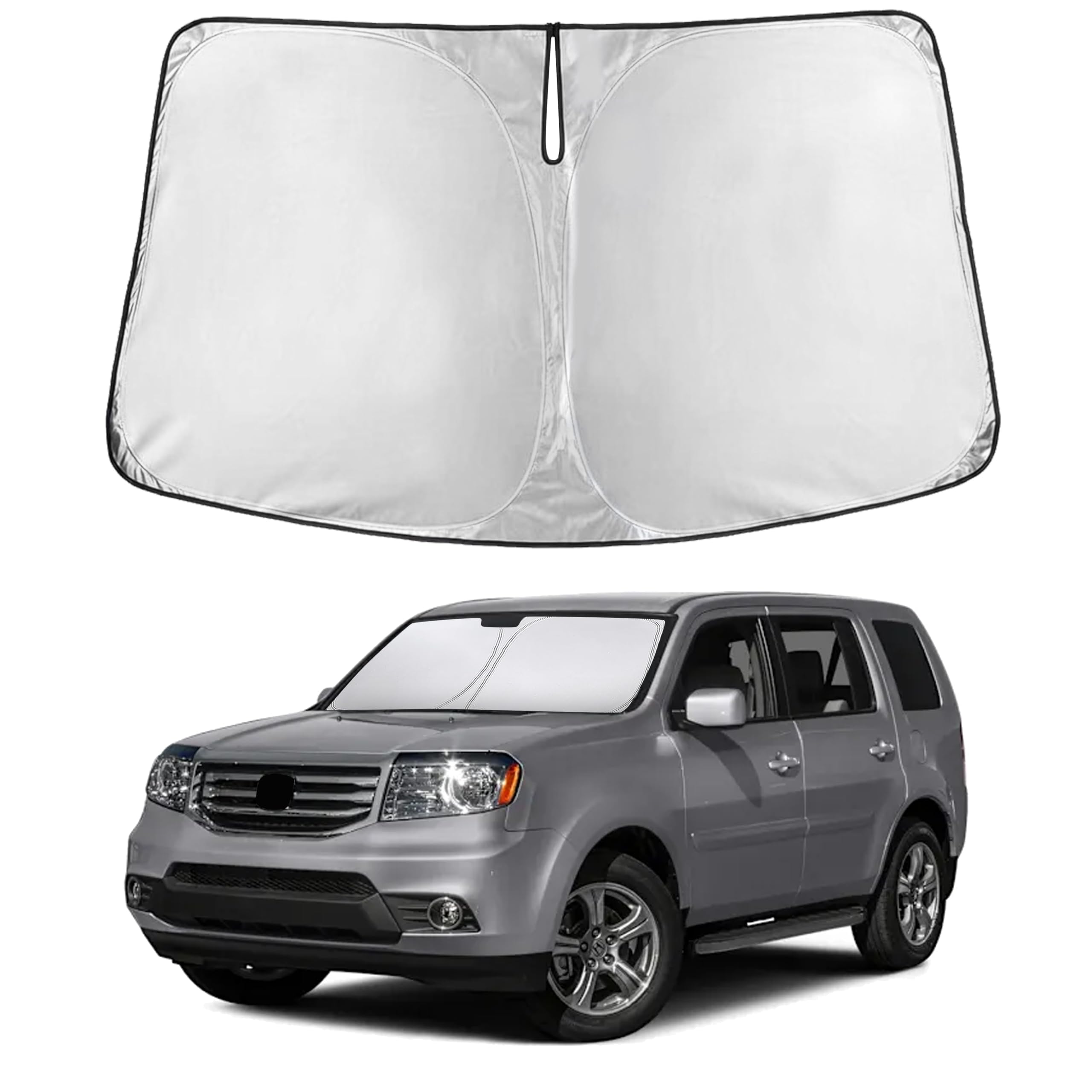 EcoNour front view of sunshade fitted to windshield showing full coverage benefit