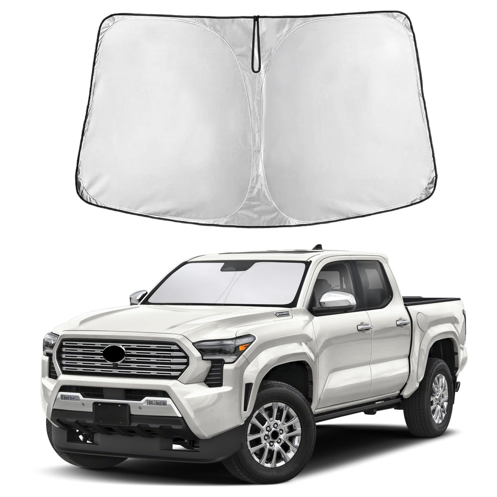 EcoNour front view of tailored Tacoma windshield shade, shows full-coverage benefit