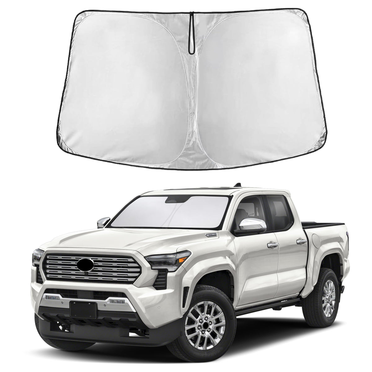 EcoNour front view of tailored Tacoma windshield shade, shows full-coverage benefit