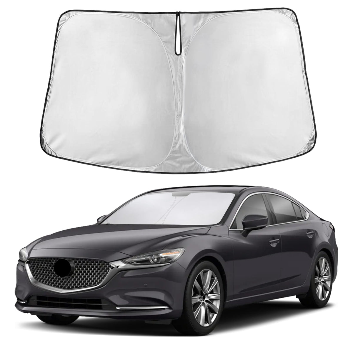 EcoNour front view fitted on Mazda 6 windshield showing full coverage and fit benefits