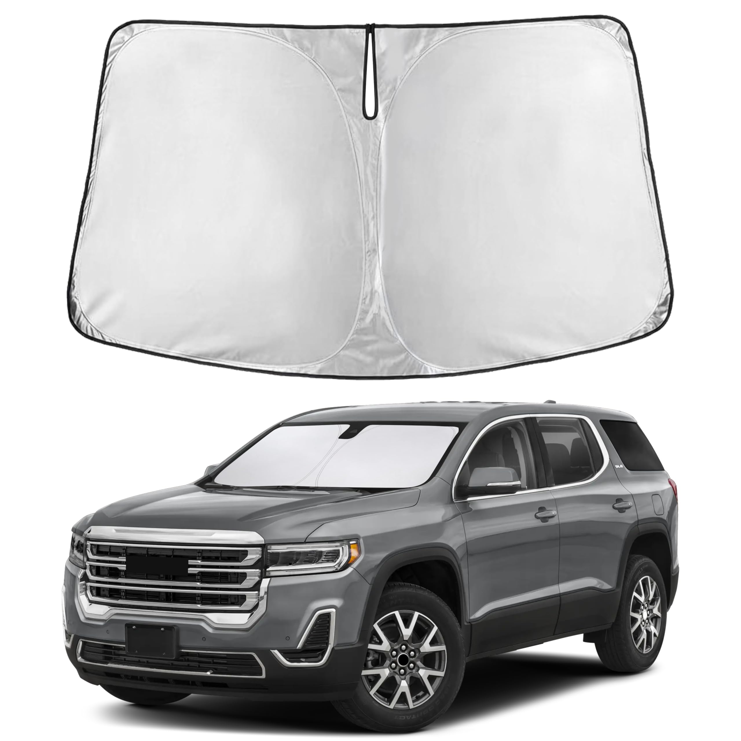 EcoNour front view sunshade covering GMC Acadia windshield for cooler cabin