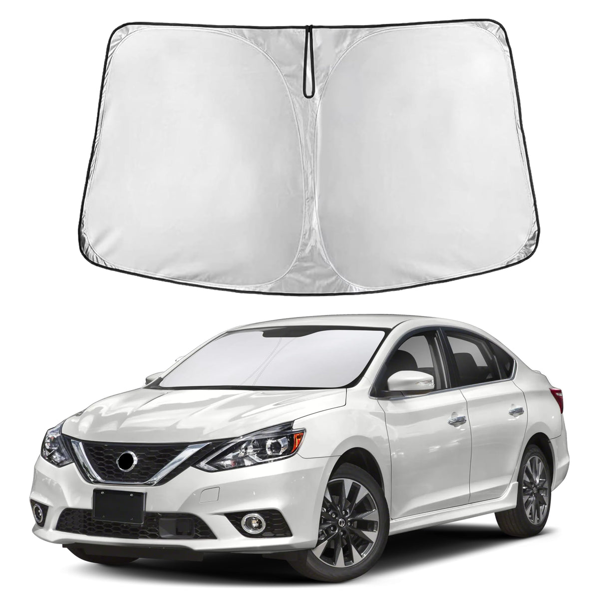 EcoNour front view sunshade fitted to windshield showing full coverage benefit