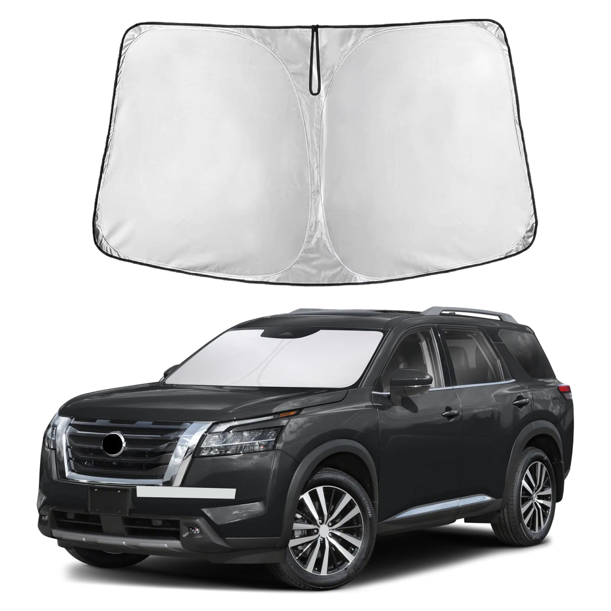 EcoNour front view fitted on Pathfinder windshield showing full coverage benefit
