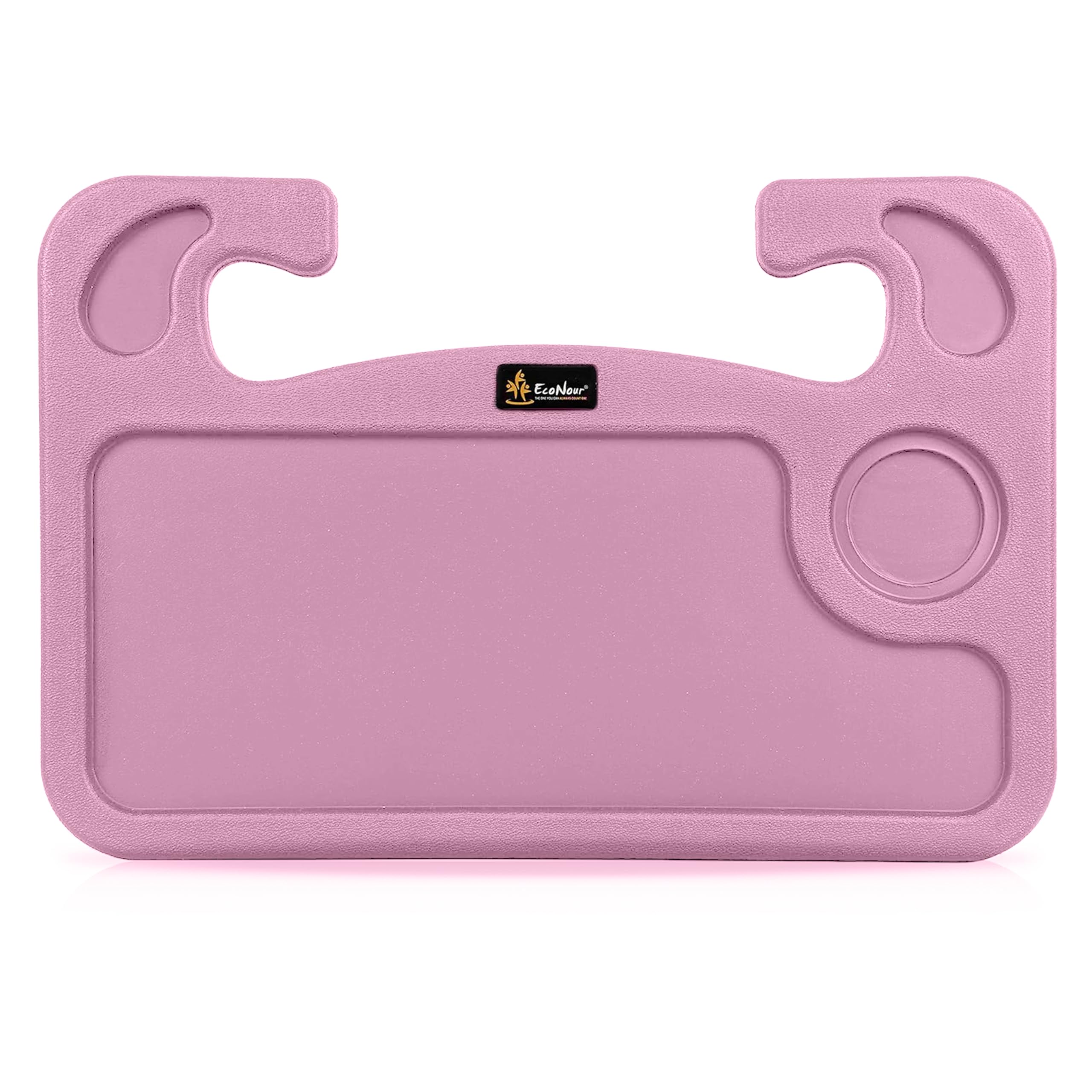 EcoNour pink steering wheel tray front view shows compact portable desk