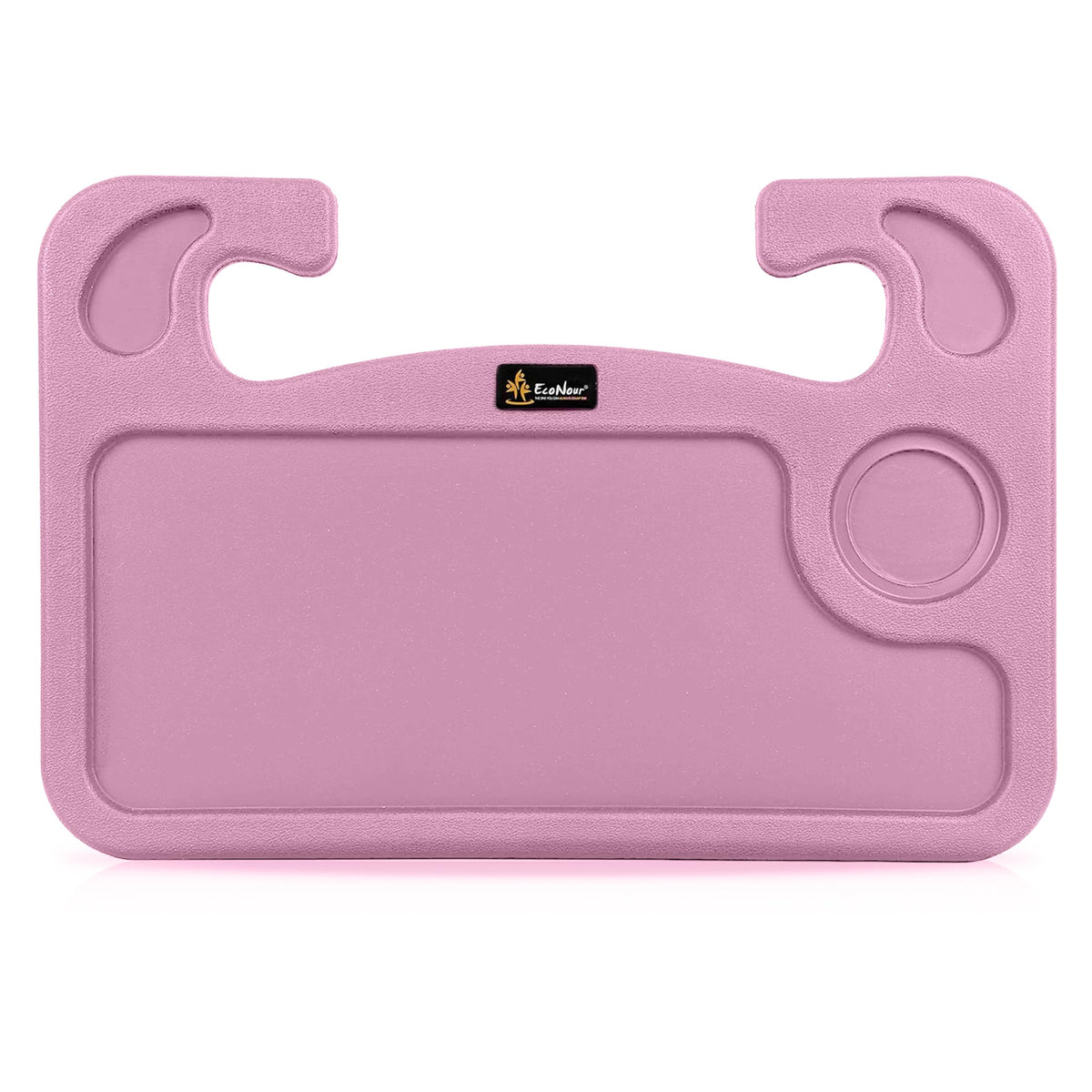 EcoNour pink steering wheel tray front view shows compact portable desk