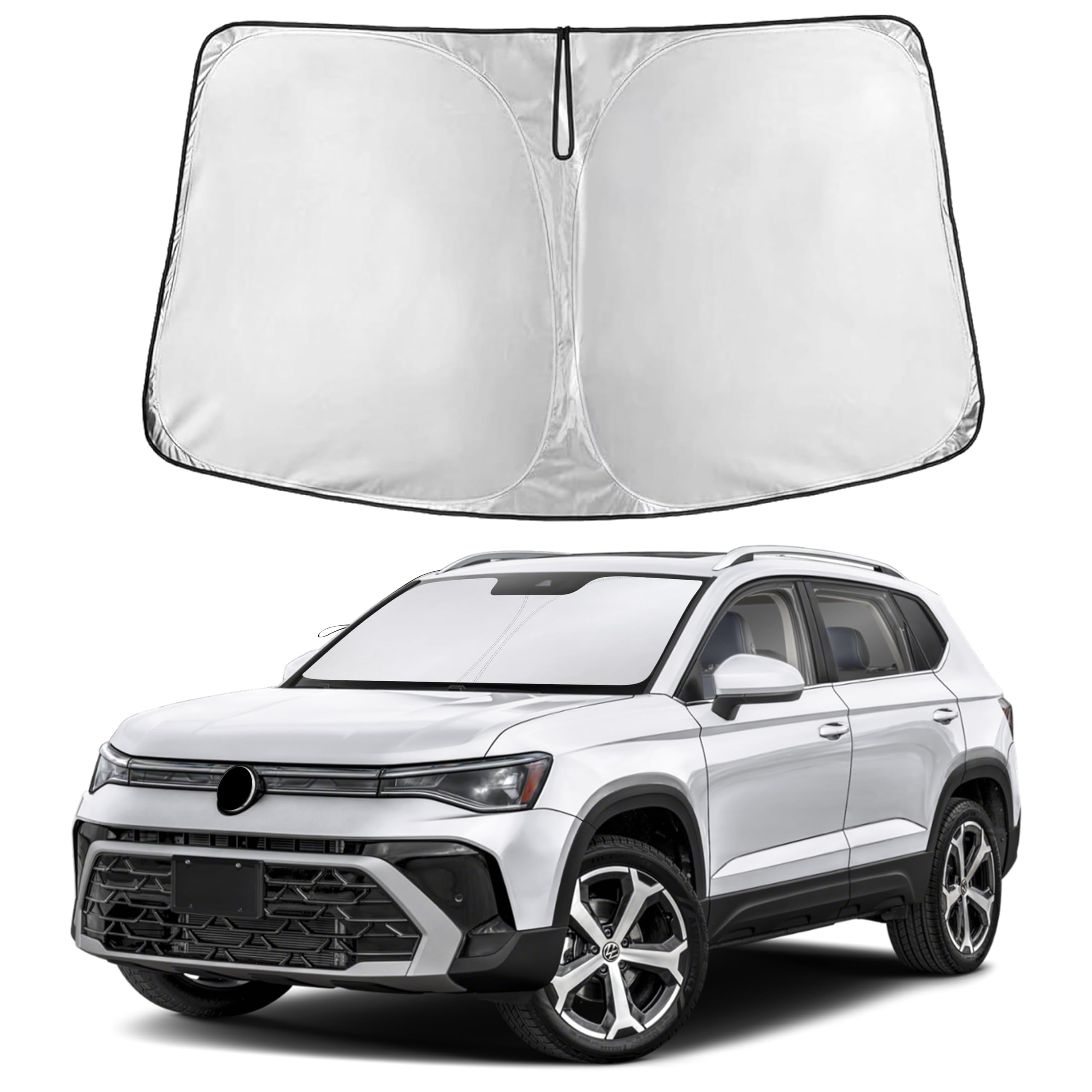 EcoNour front view sunshade covering VW Taos windshield and providing full protection