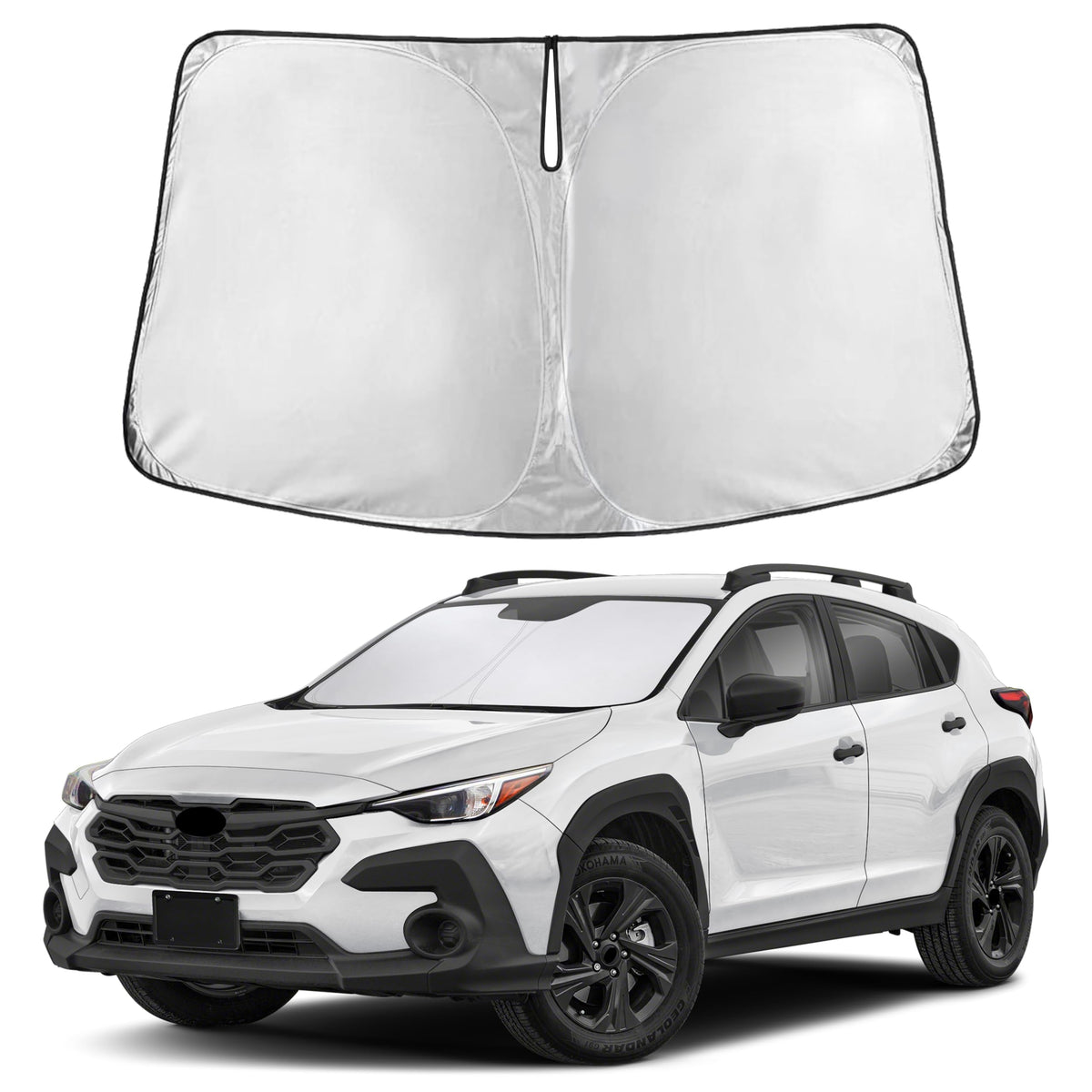 EcoNour front view of sunshade showing exact Crosstrek fit and cabin protection