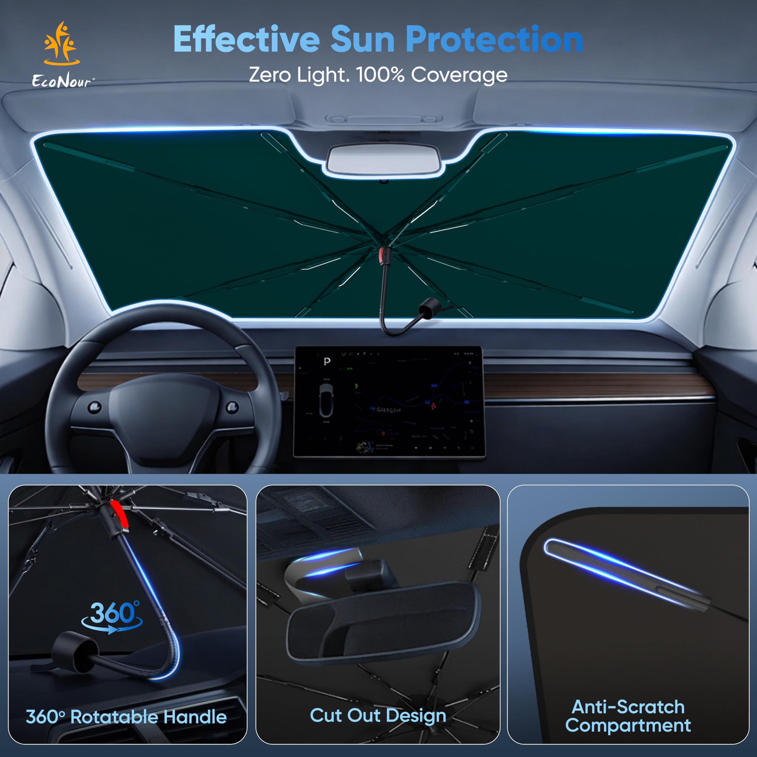 EcoNour installed on Tesla windshield reducing cabin heat and glare