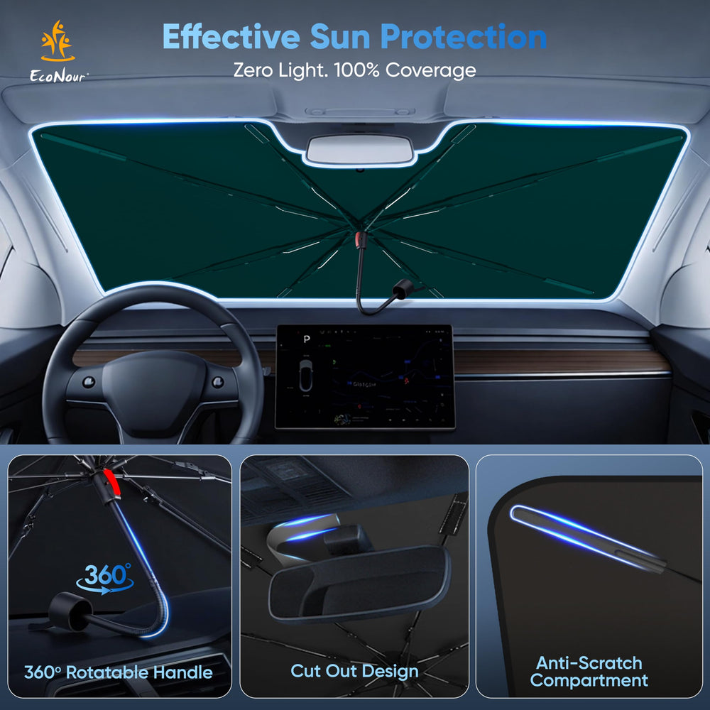 EcoNour installed on Tesla windshield reducing cabin heat and glare
