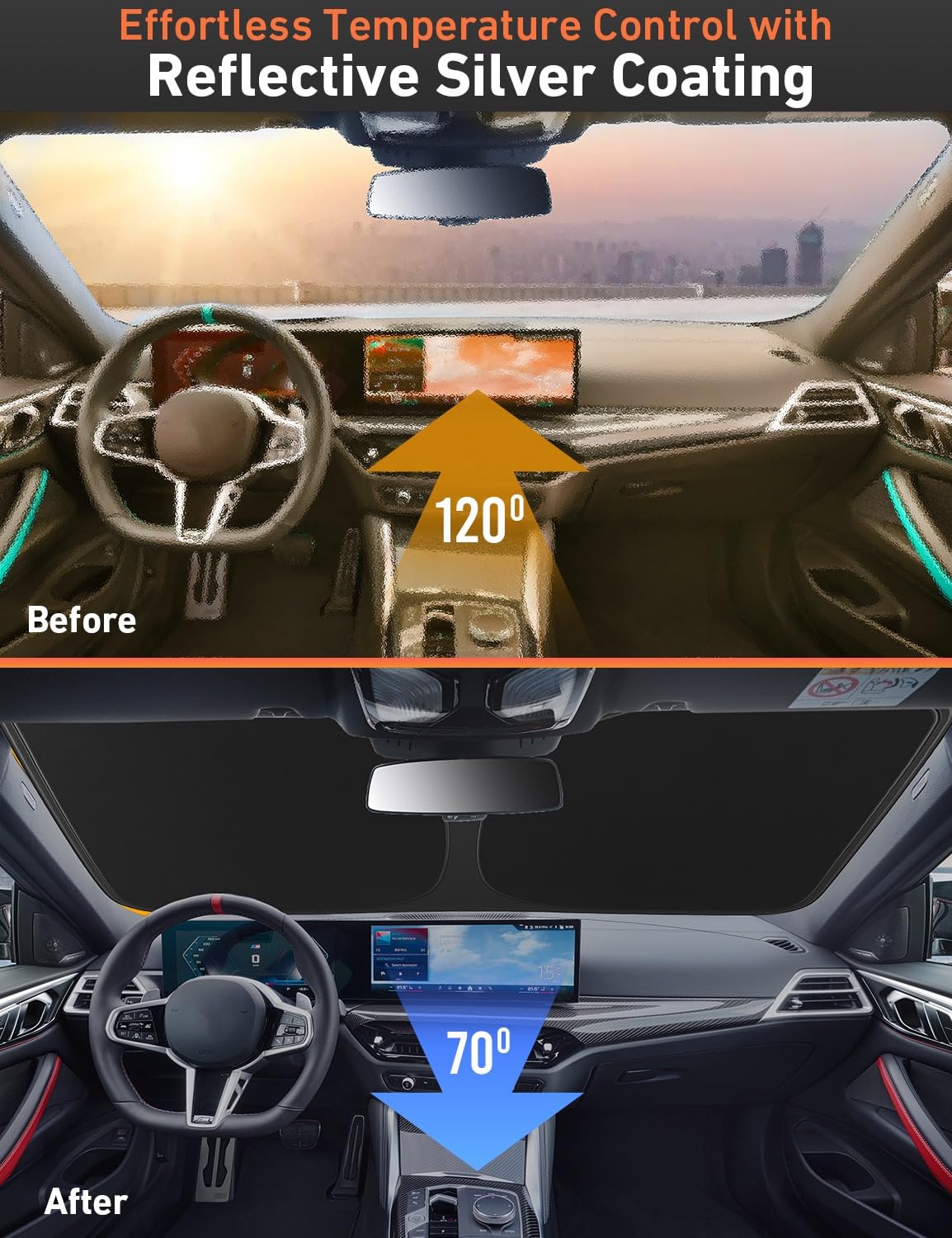 EcoNour installed on XC60 windshield showing edge-to-edge coverage and interior cooling