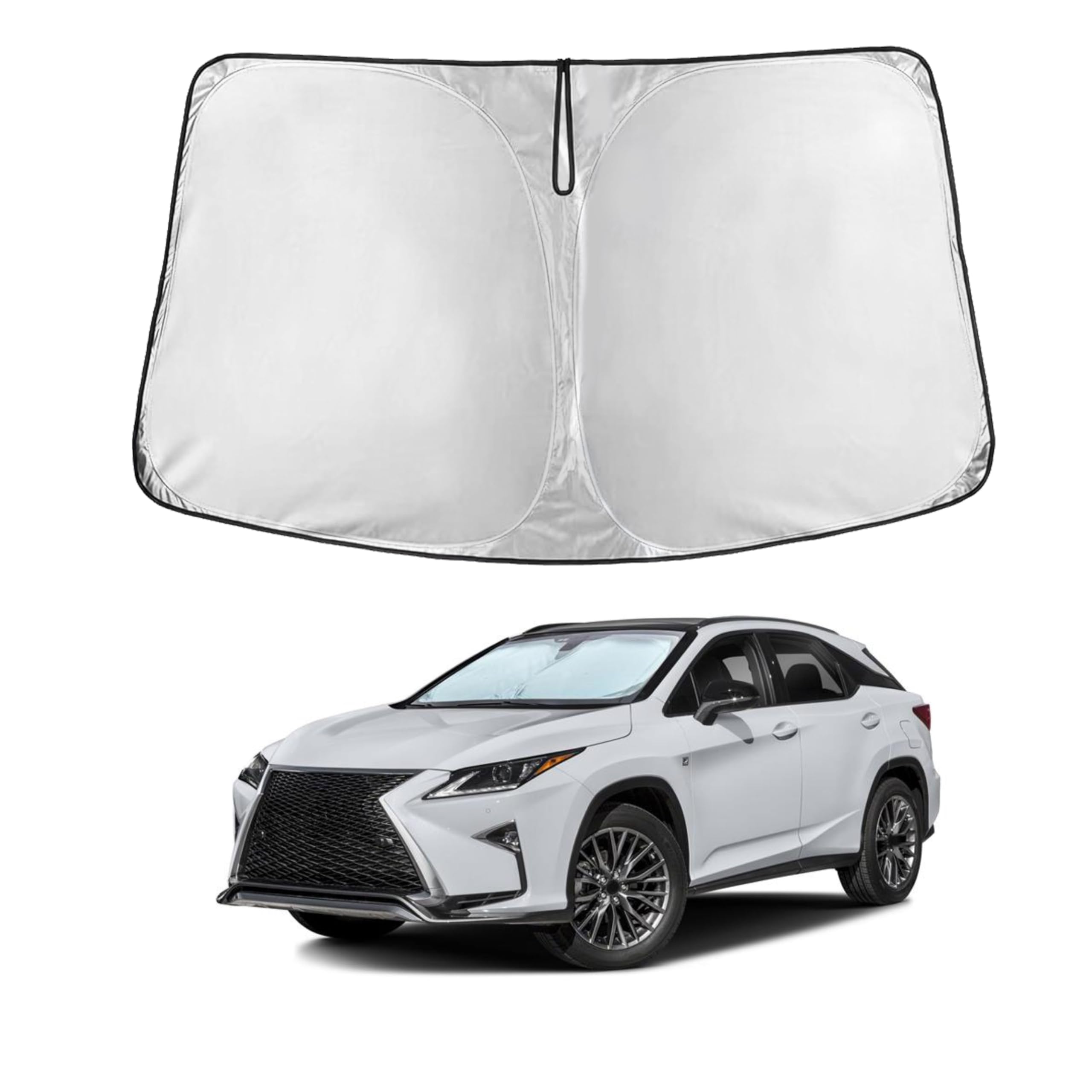 EcoNour front view sunshade fitted in Lexus RX showing full windshield coverage and cooler cabin