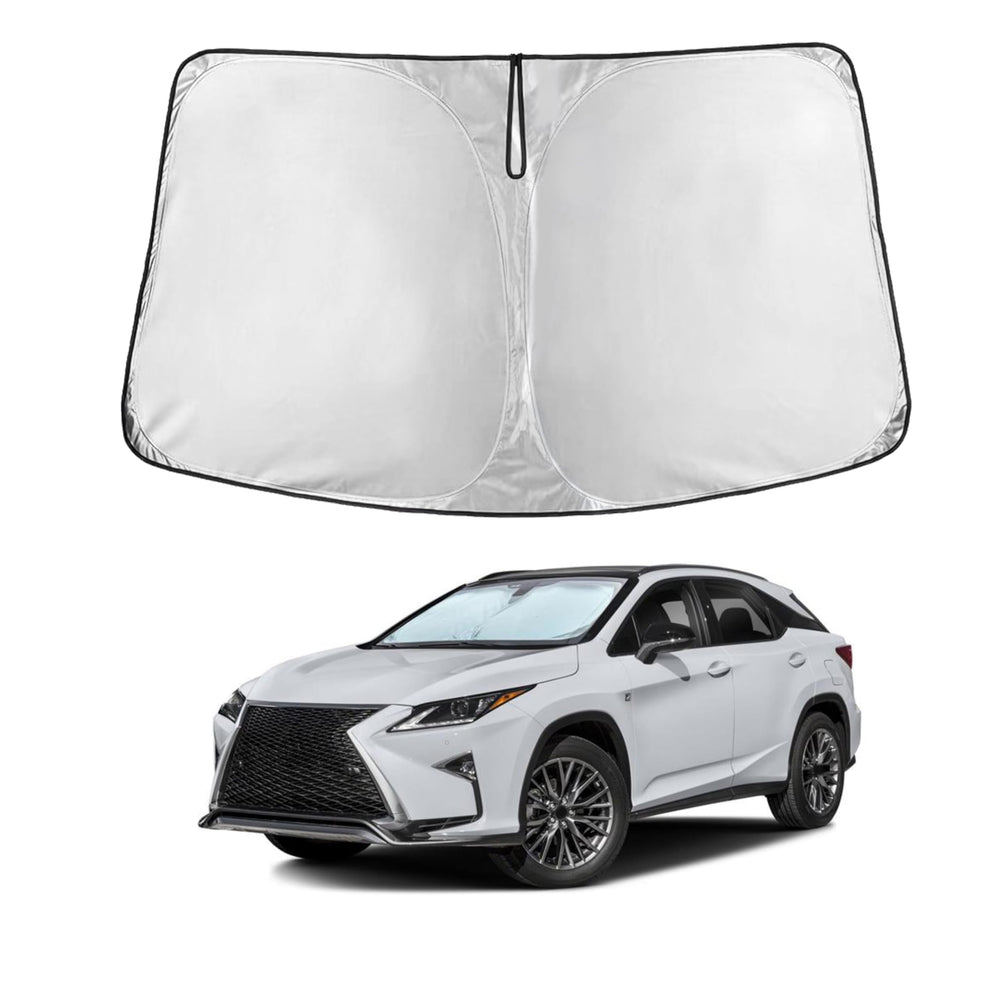 EcoNour front view sunshade fitted in Lexus RX showing full windshield coverage and cooler cabin