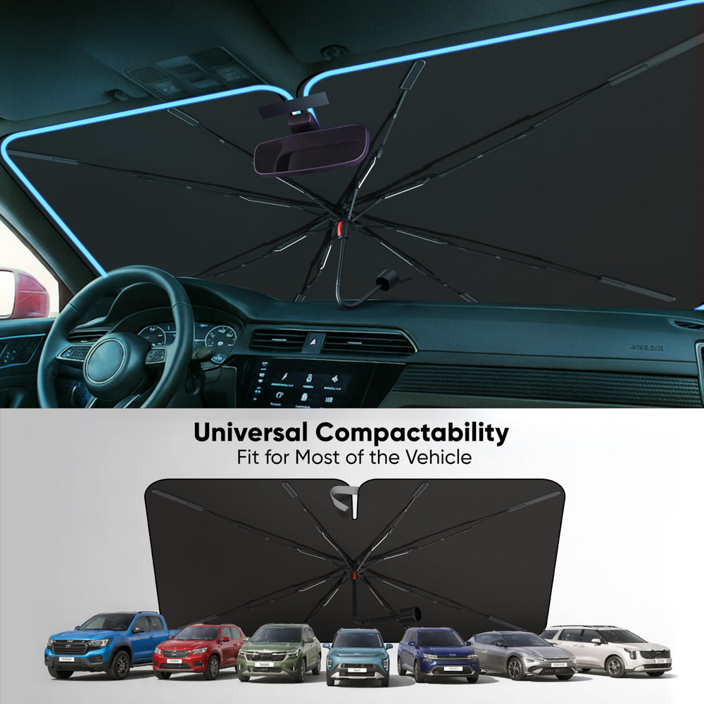 EcoNour sun shade in driveway lifestyle scene keeping parked Tesla cooler