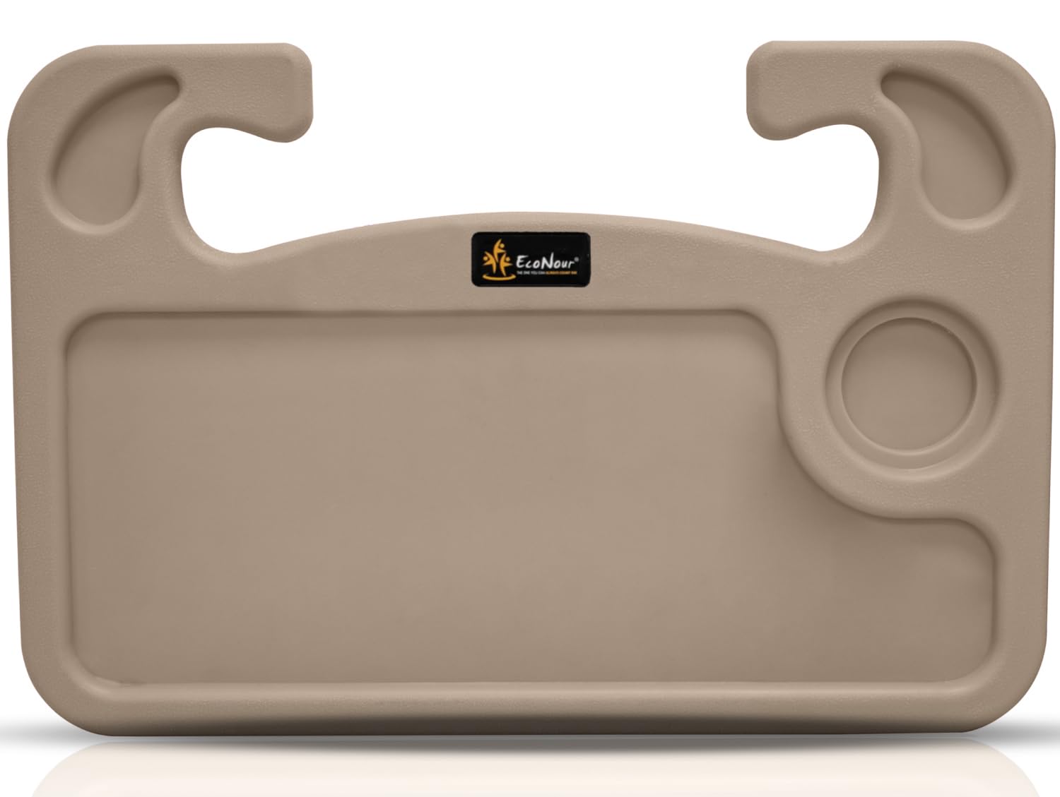 EcoNour beige steering wheel tray front view showing stable eating surface benefit