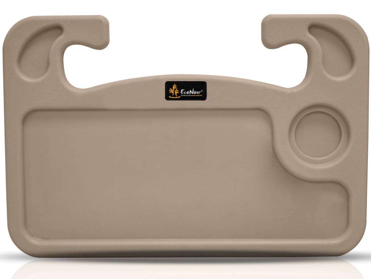 EcoNour beige steering wheel tray front view showing stable eating surface benefit