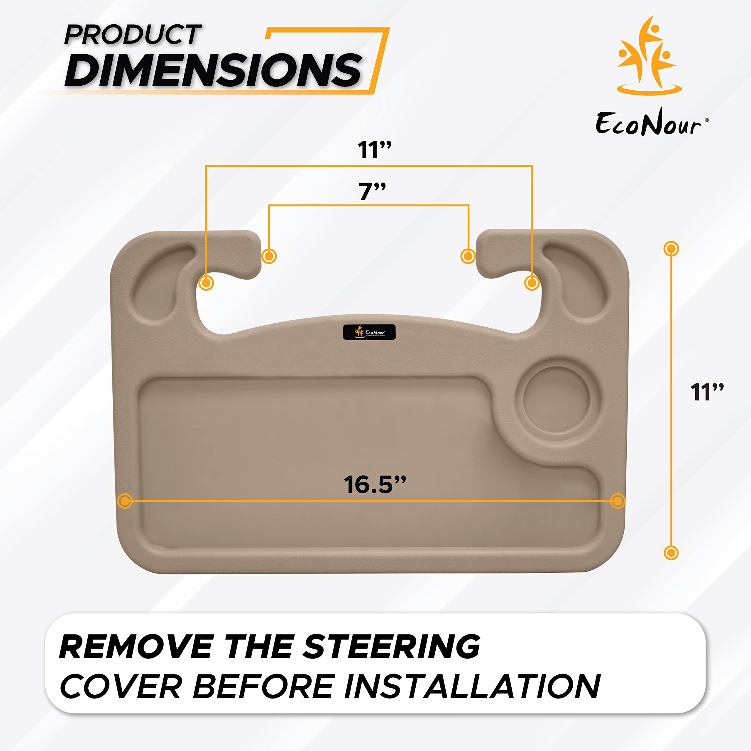 EcoNour tray mounted on steering wheel demonstrating size and stability benefit