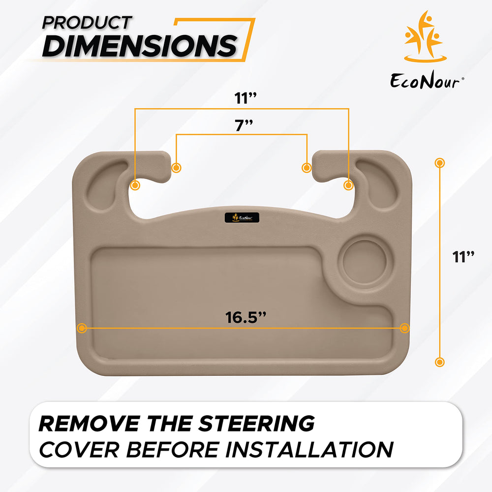 EcoNour tray mounted on steering wheel demonstrating size and stability benefit